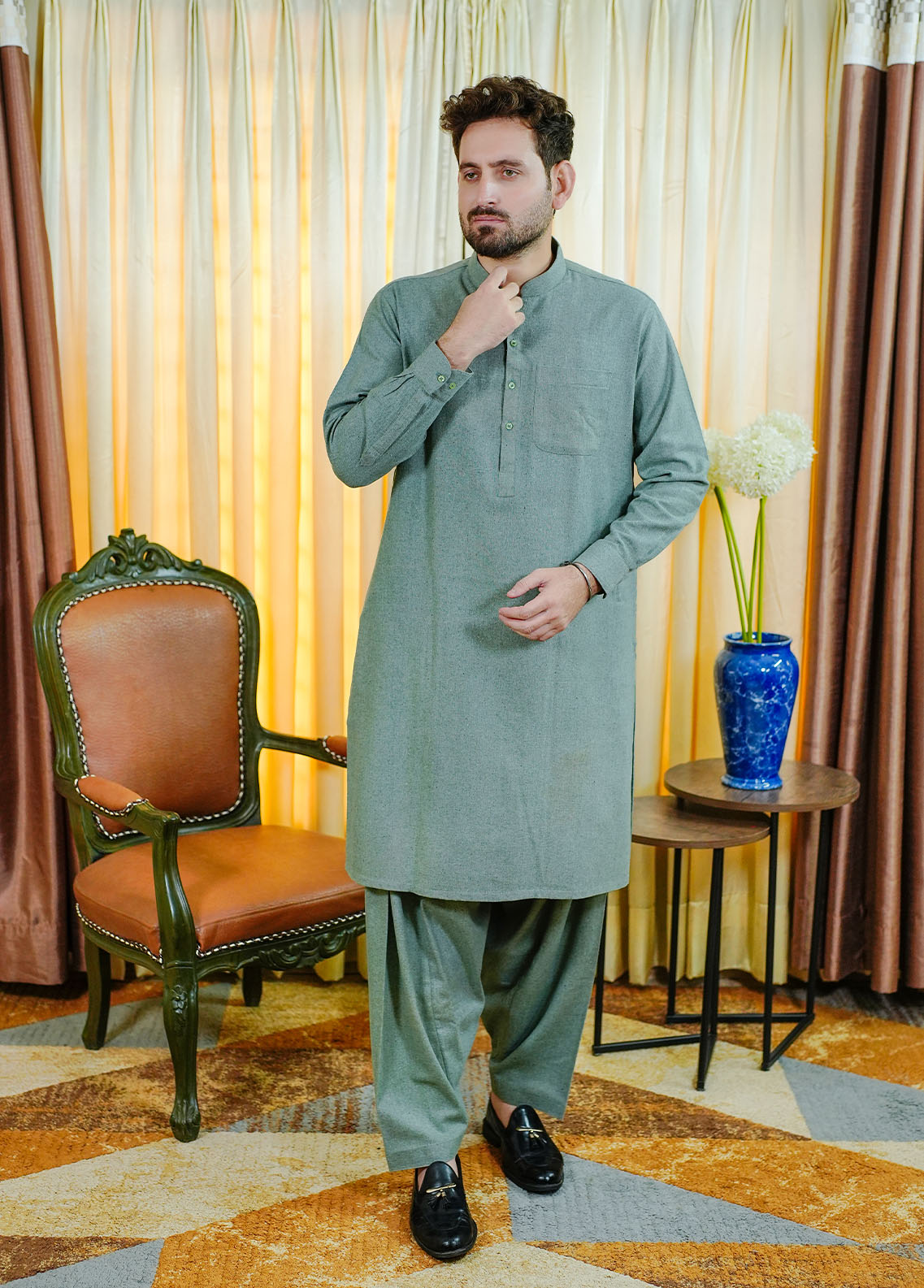 blended wool Shalwar Kameez in Green