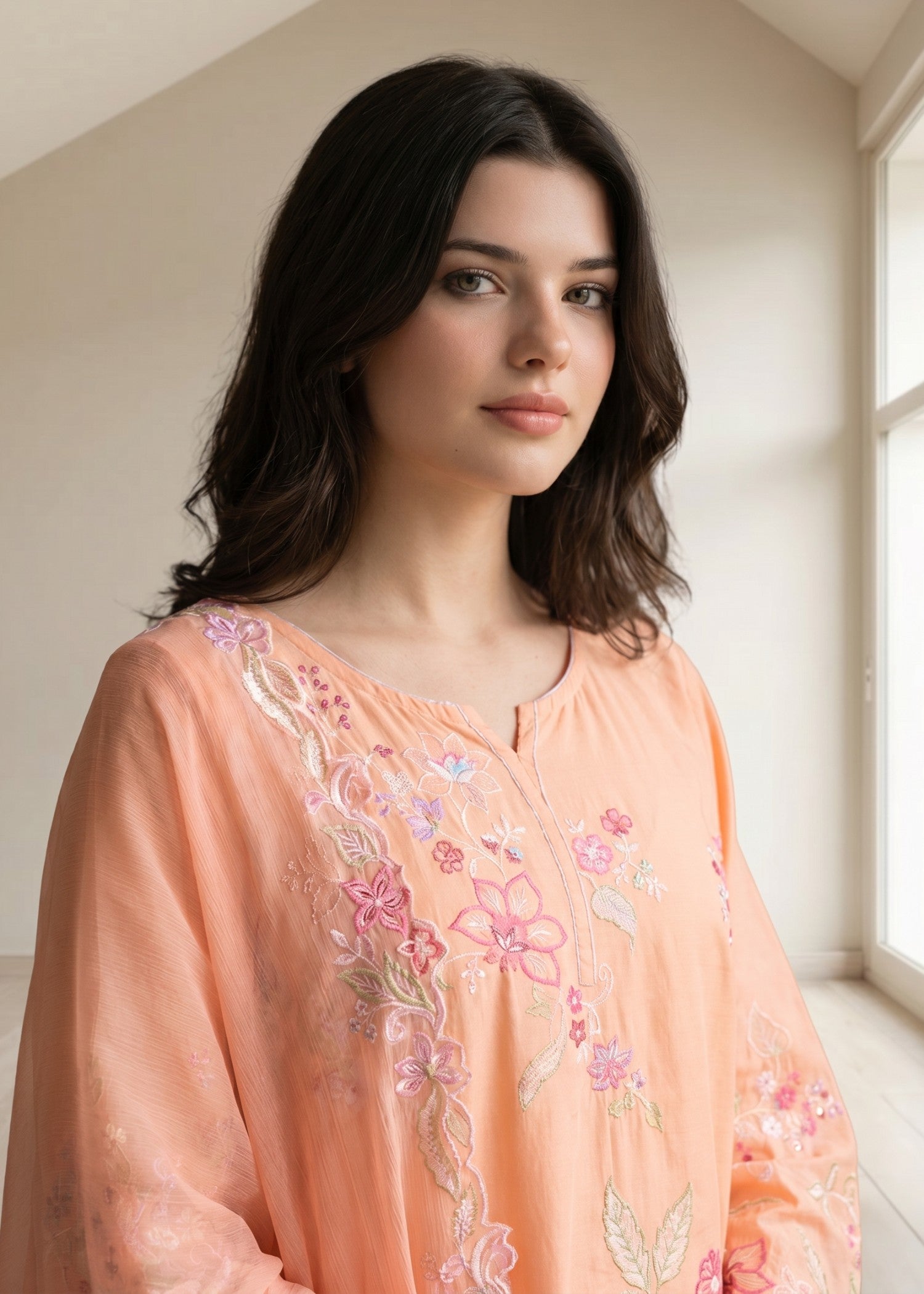lawn cotton Kurta Set in Peach pink