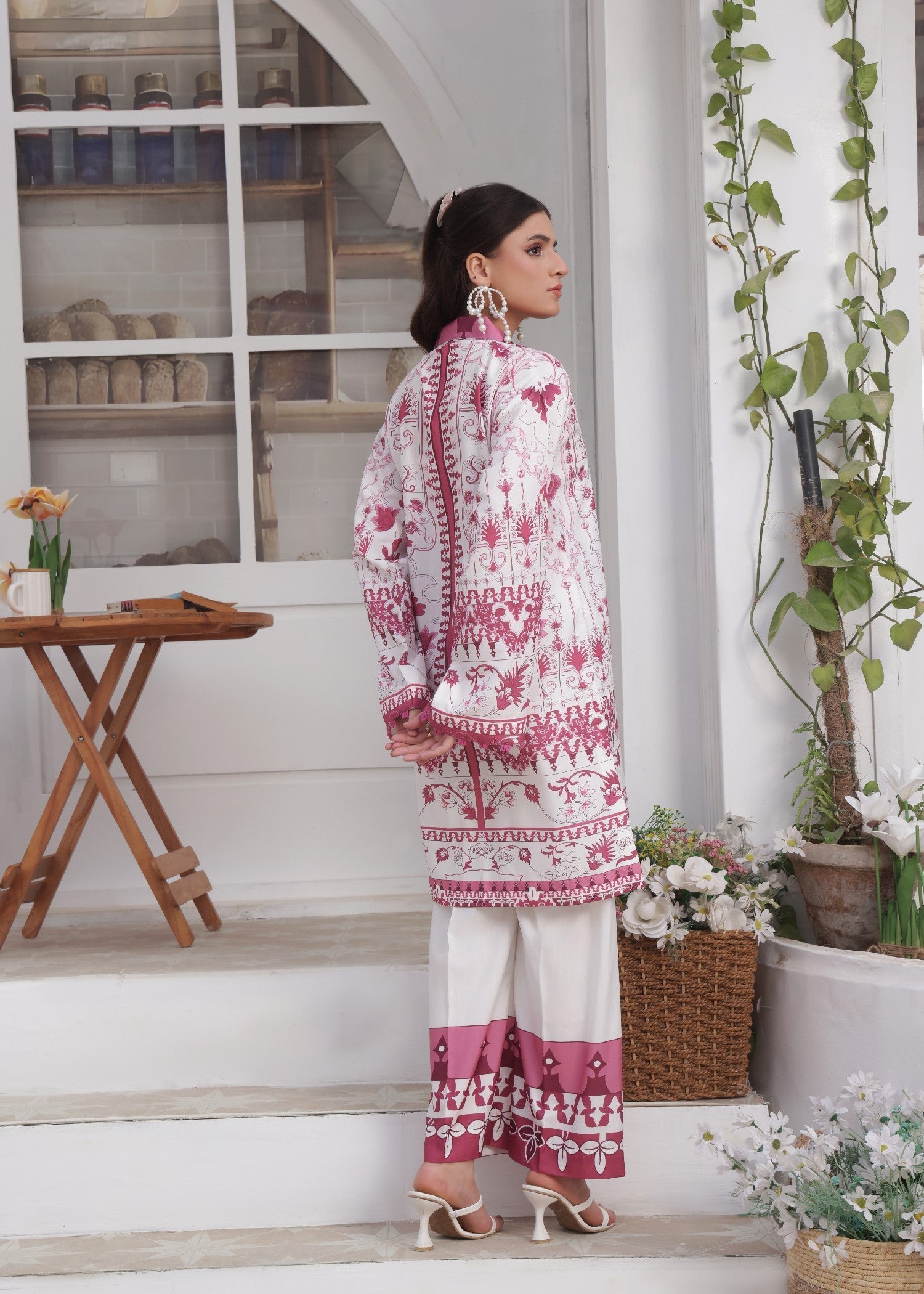 slub lawn Co Ord Sets in White, plum purple