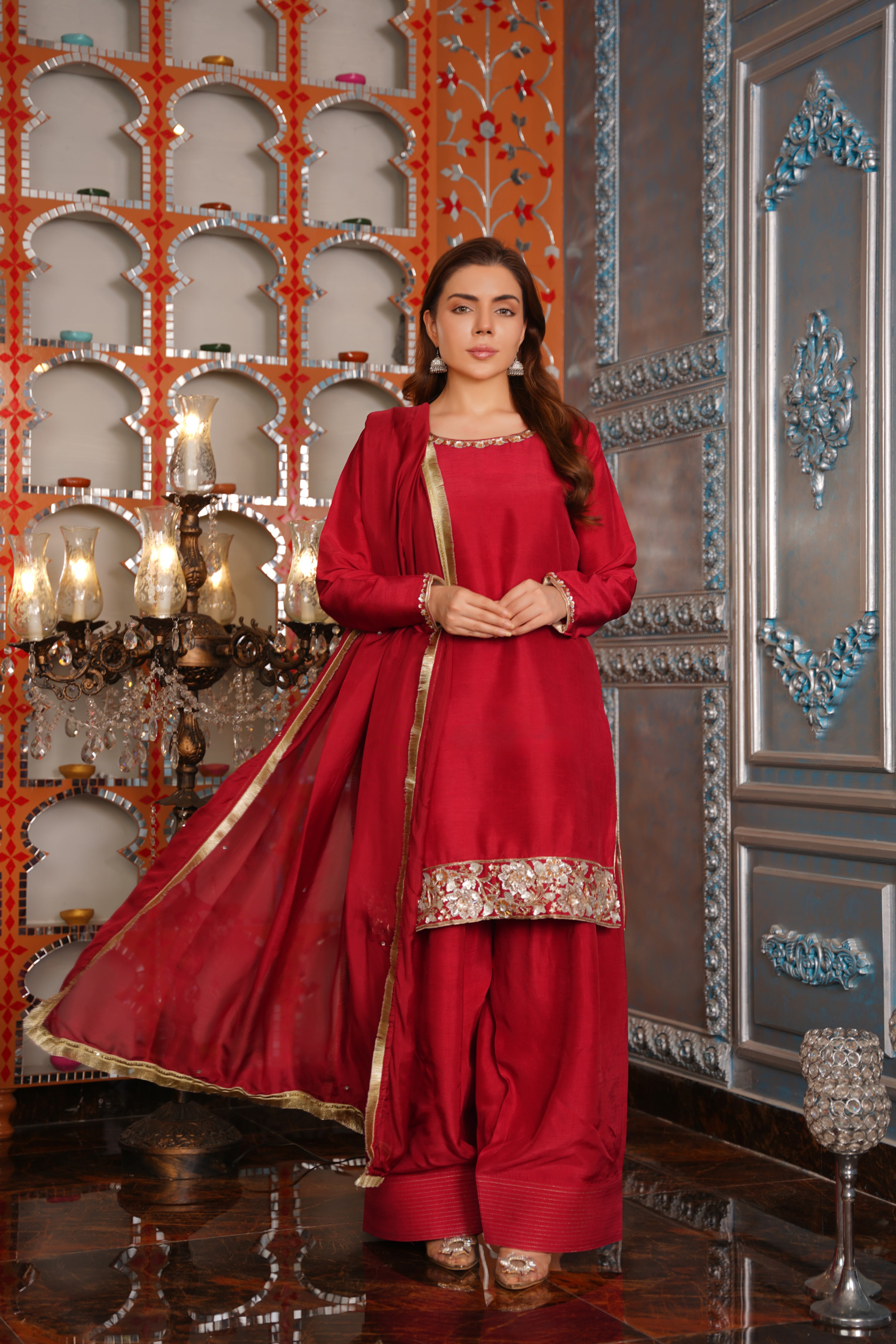 korean raw silk Kurta Set in Fire red