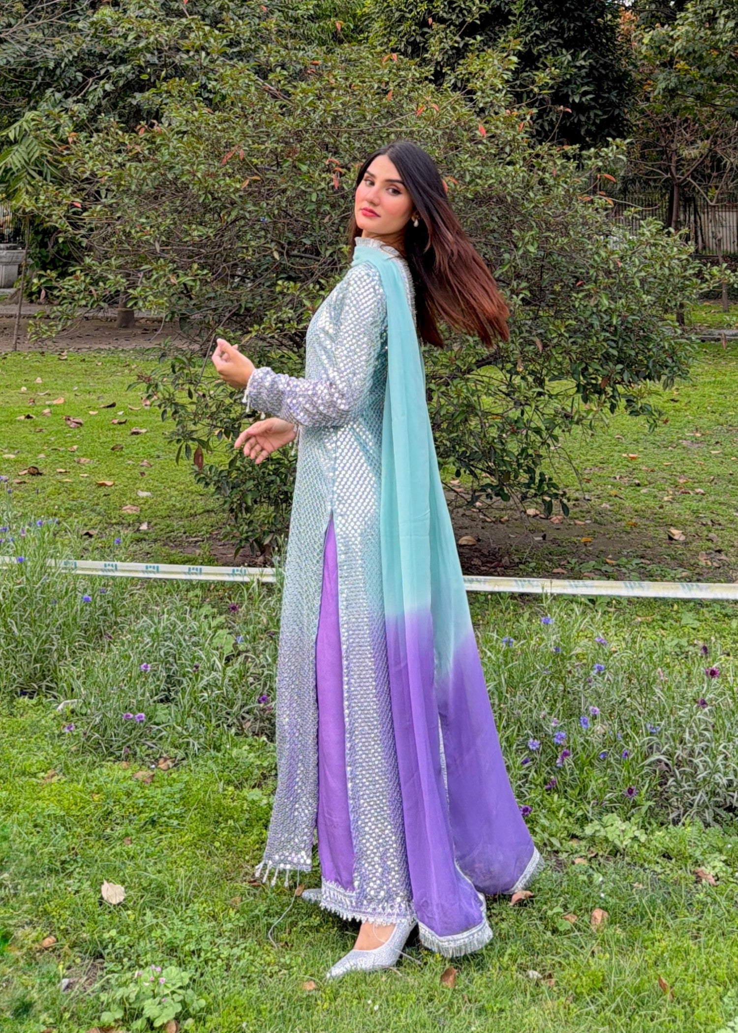 bemberg crinkle chiffon Kurta Set in Sky blue, bright lavender