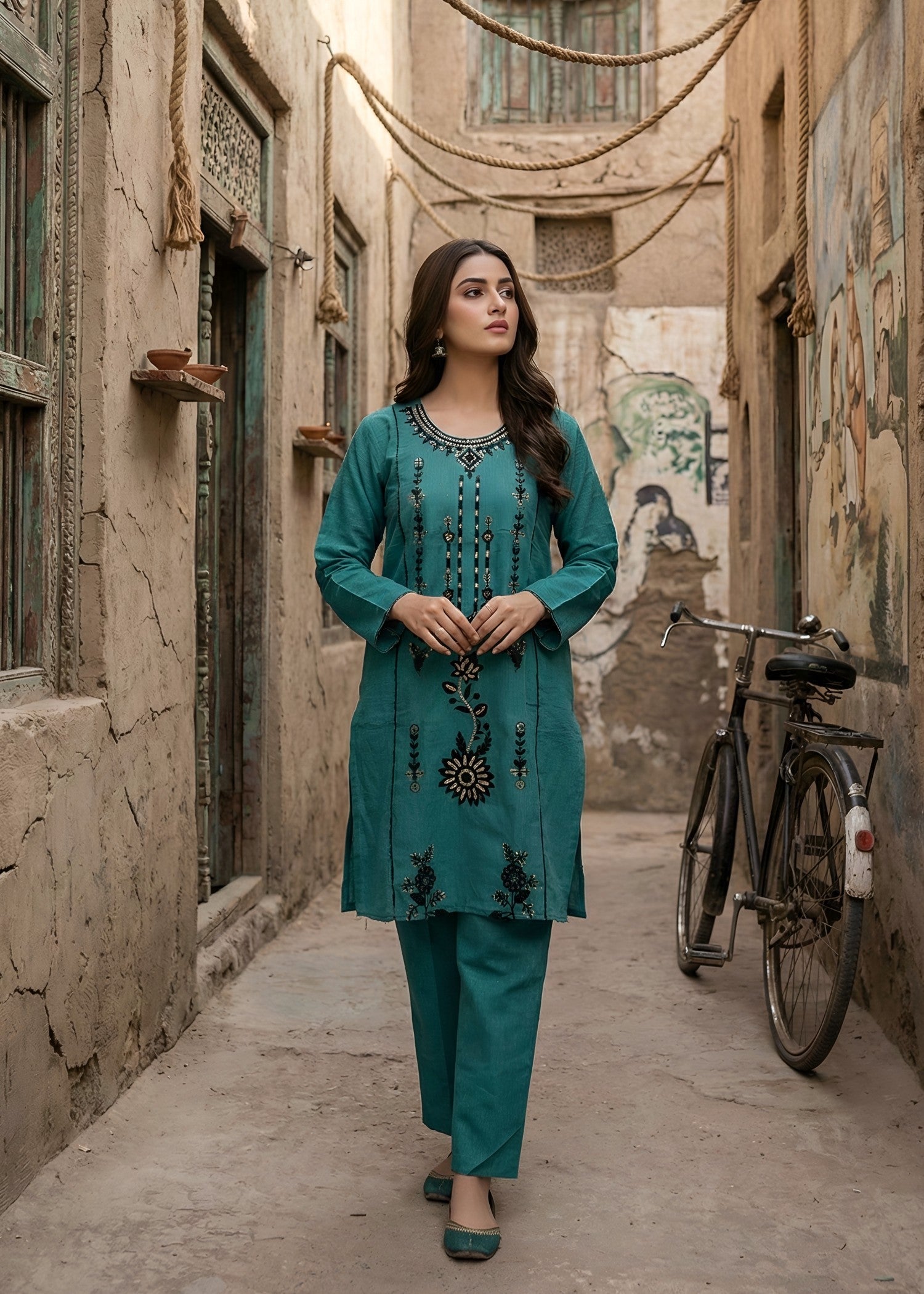 cambric Kurta Set in Teal