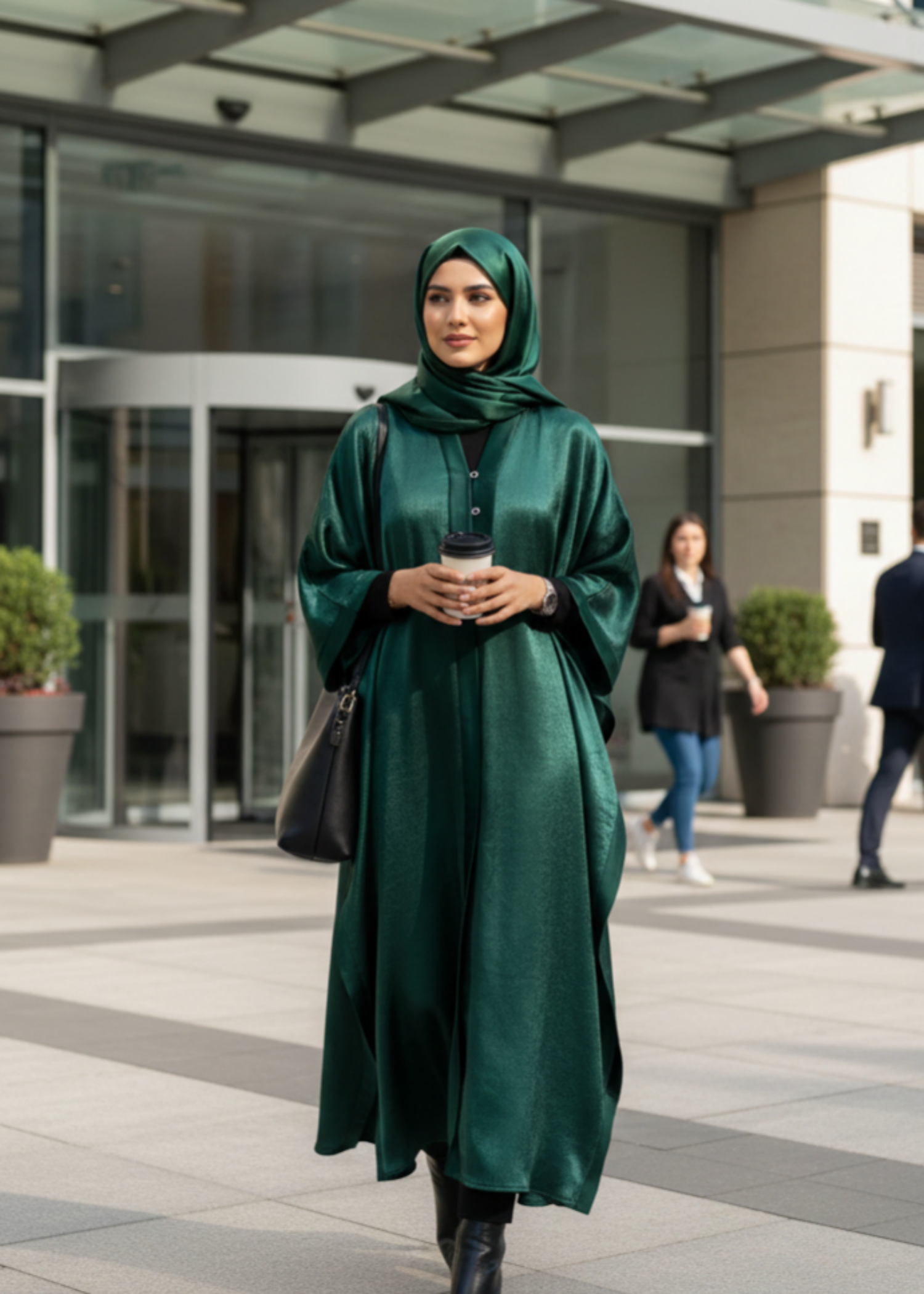 poly silk Abaya in Bottle green