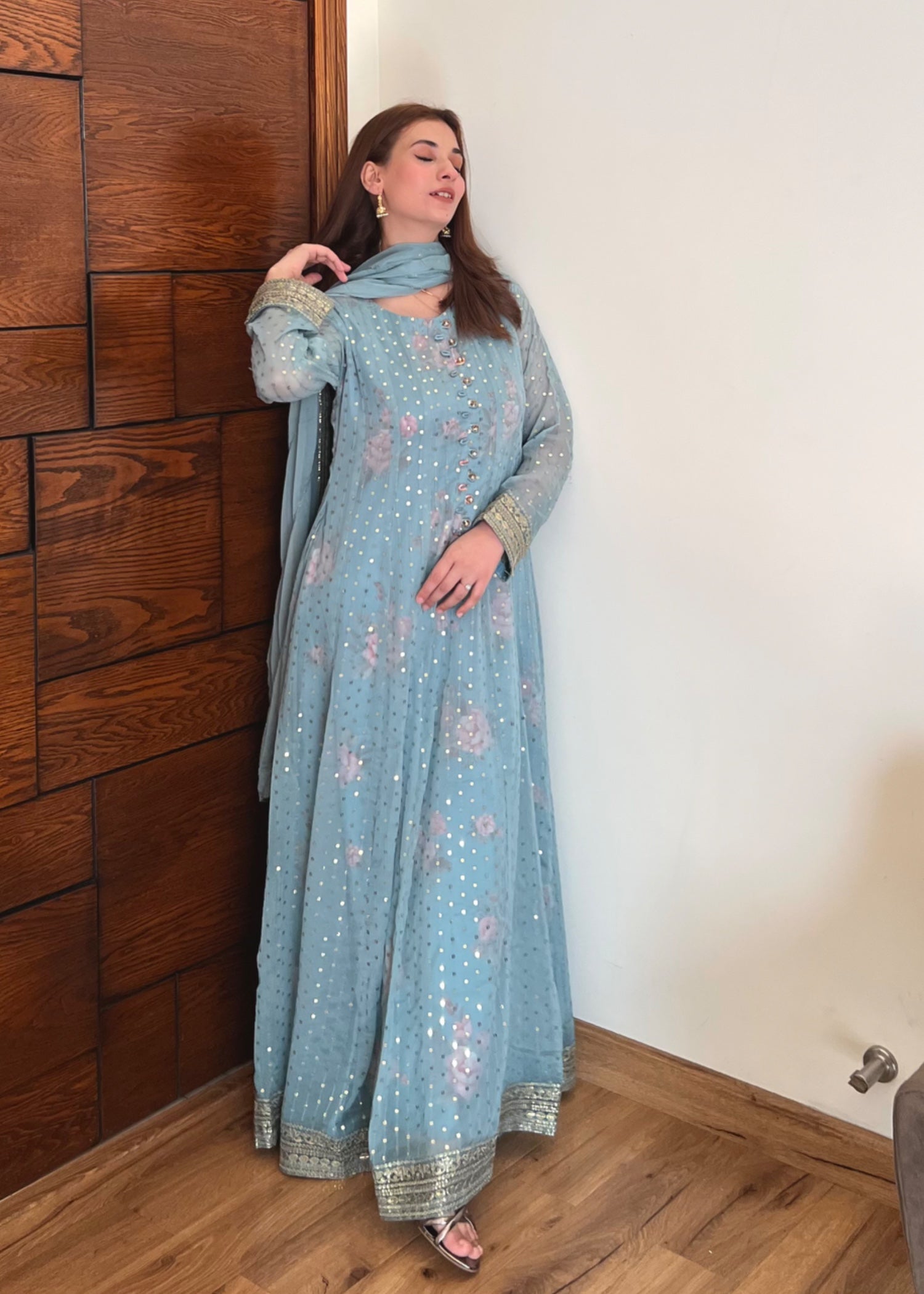 chiffon Pishwas in Ice blue