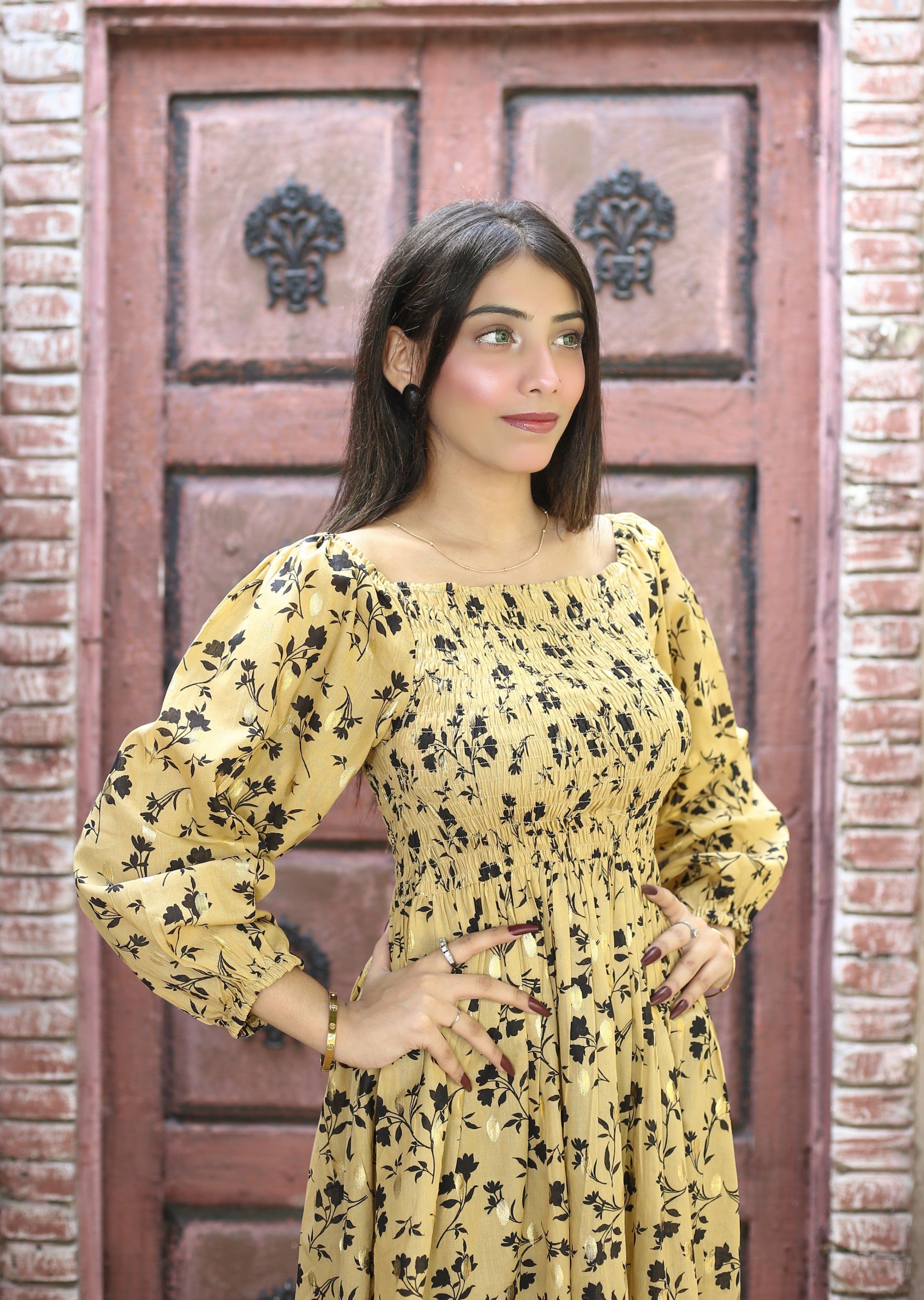 zari cotton Dress in Saffron