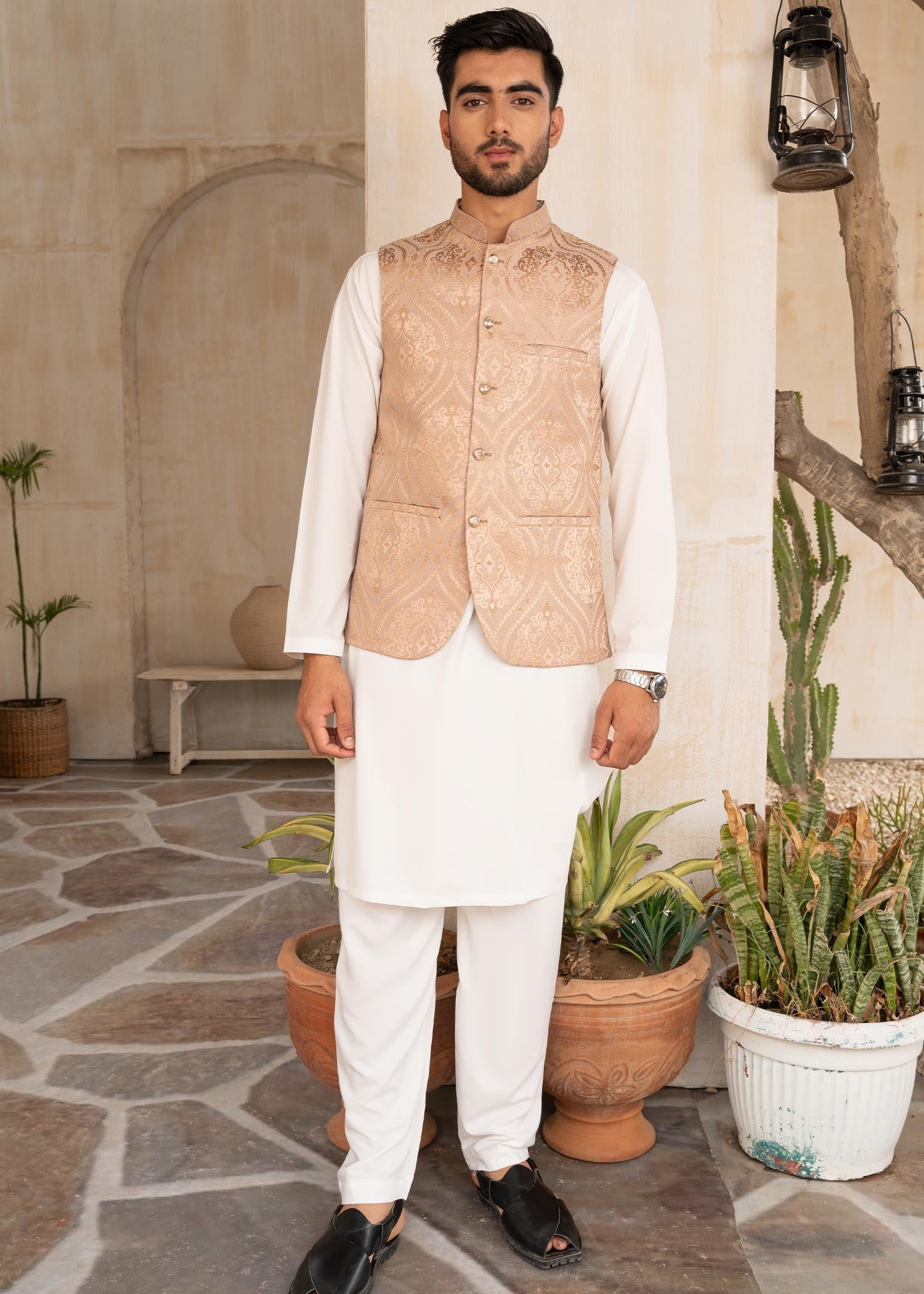 banarasi jacquard Waistcoat in Peach pink