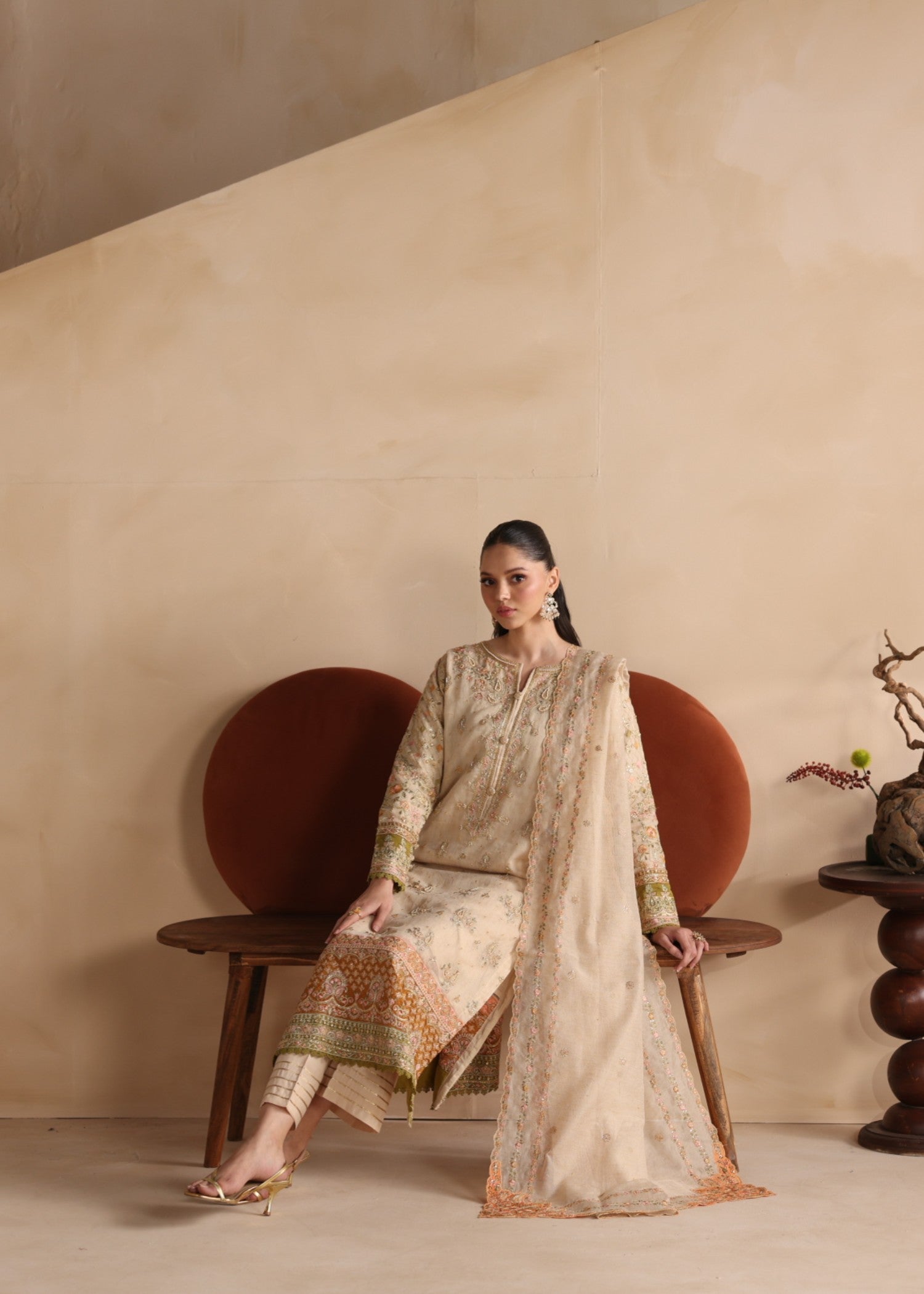 khaddi net Kurta Set in Beige