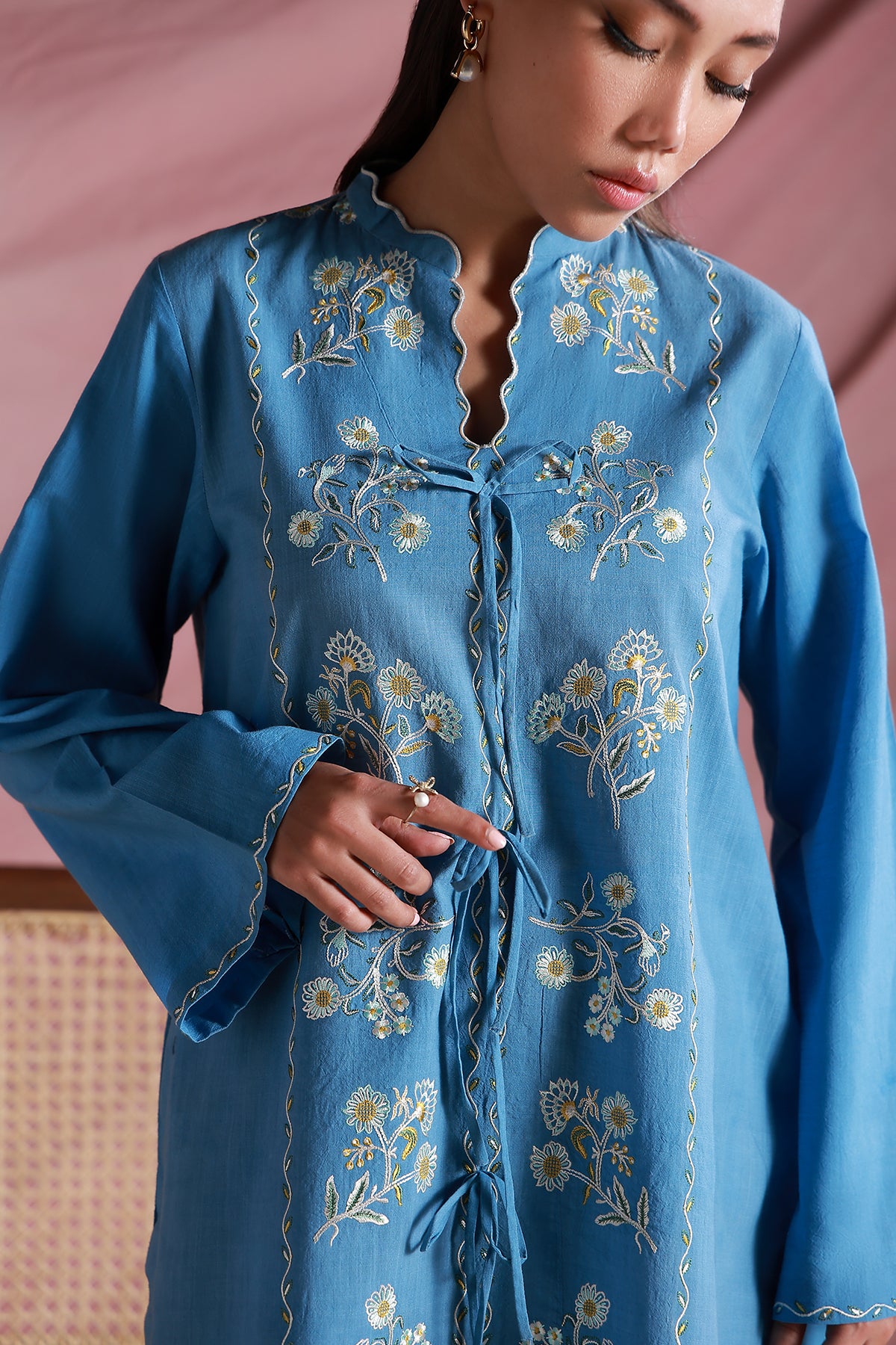 ribbed lawn Kurta Set in Ocean blue