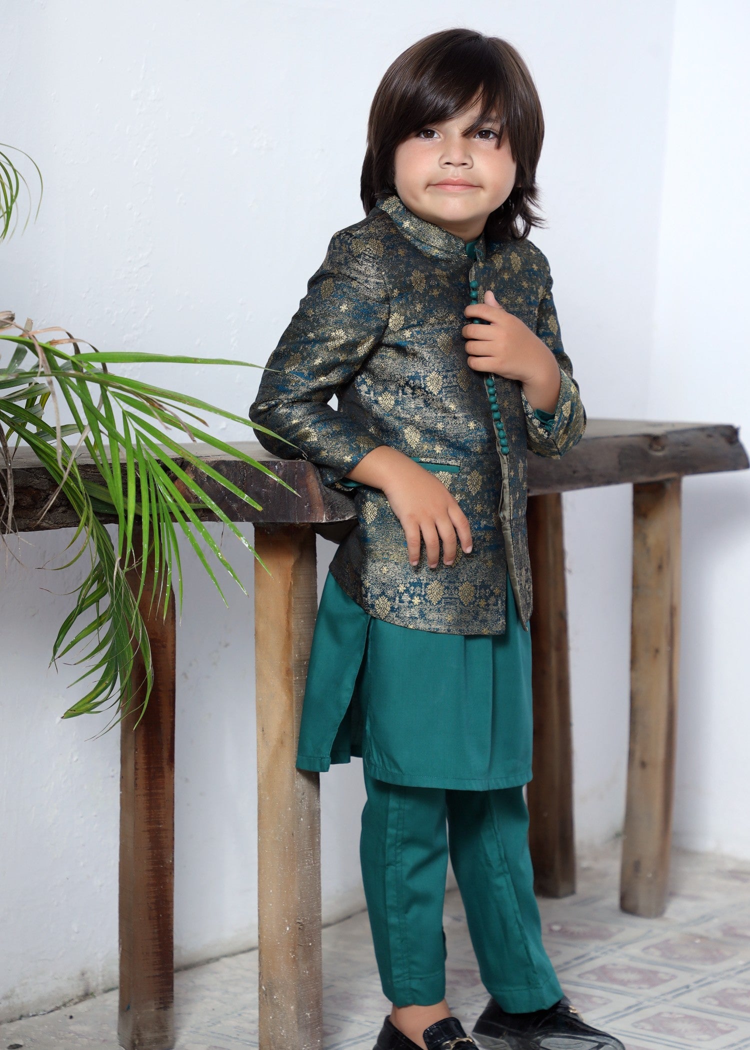 raw silk Prince Coat in Eucalyptus green, goldenrod