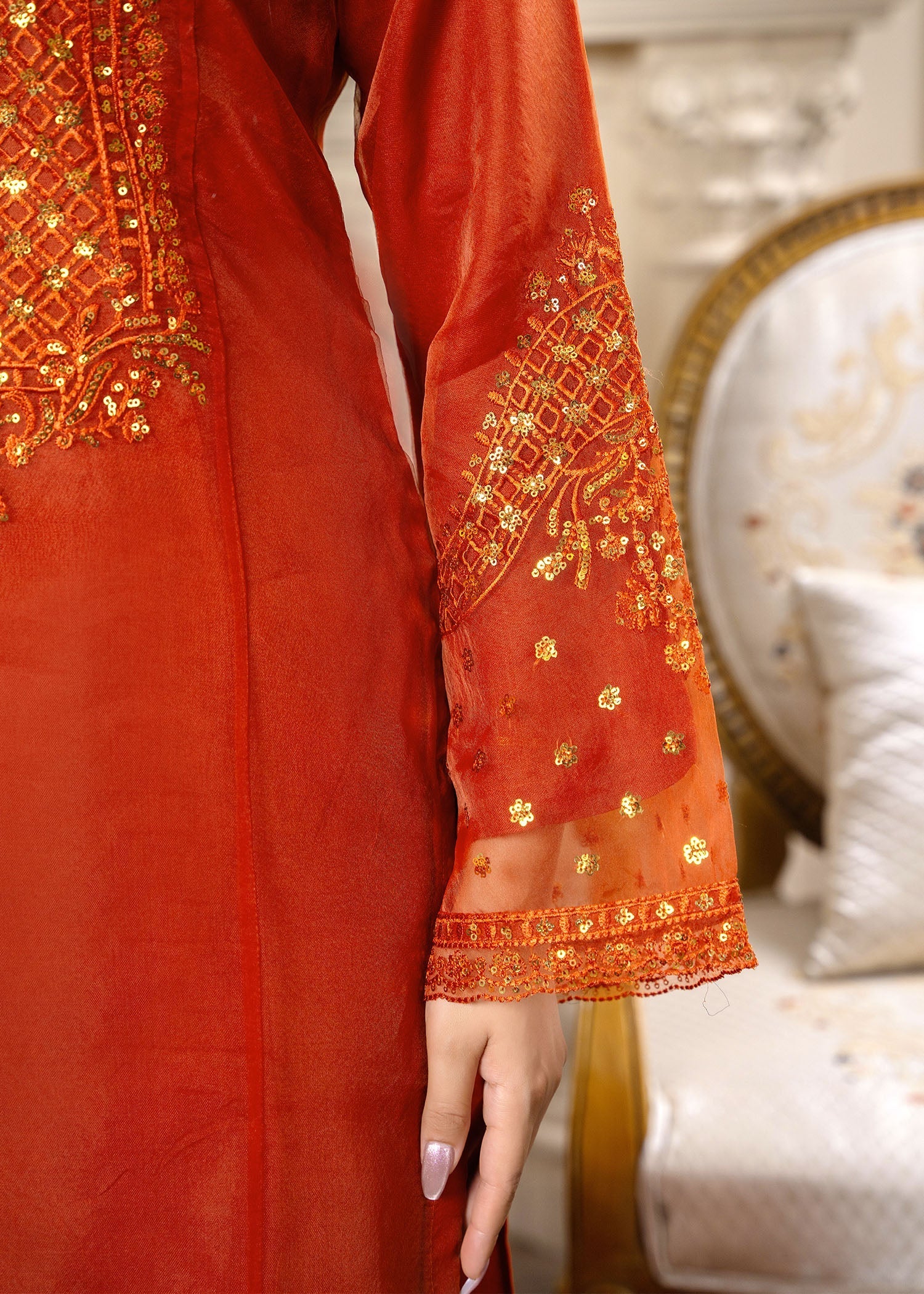 organza Gharara in Rust orange