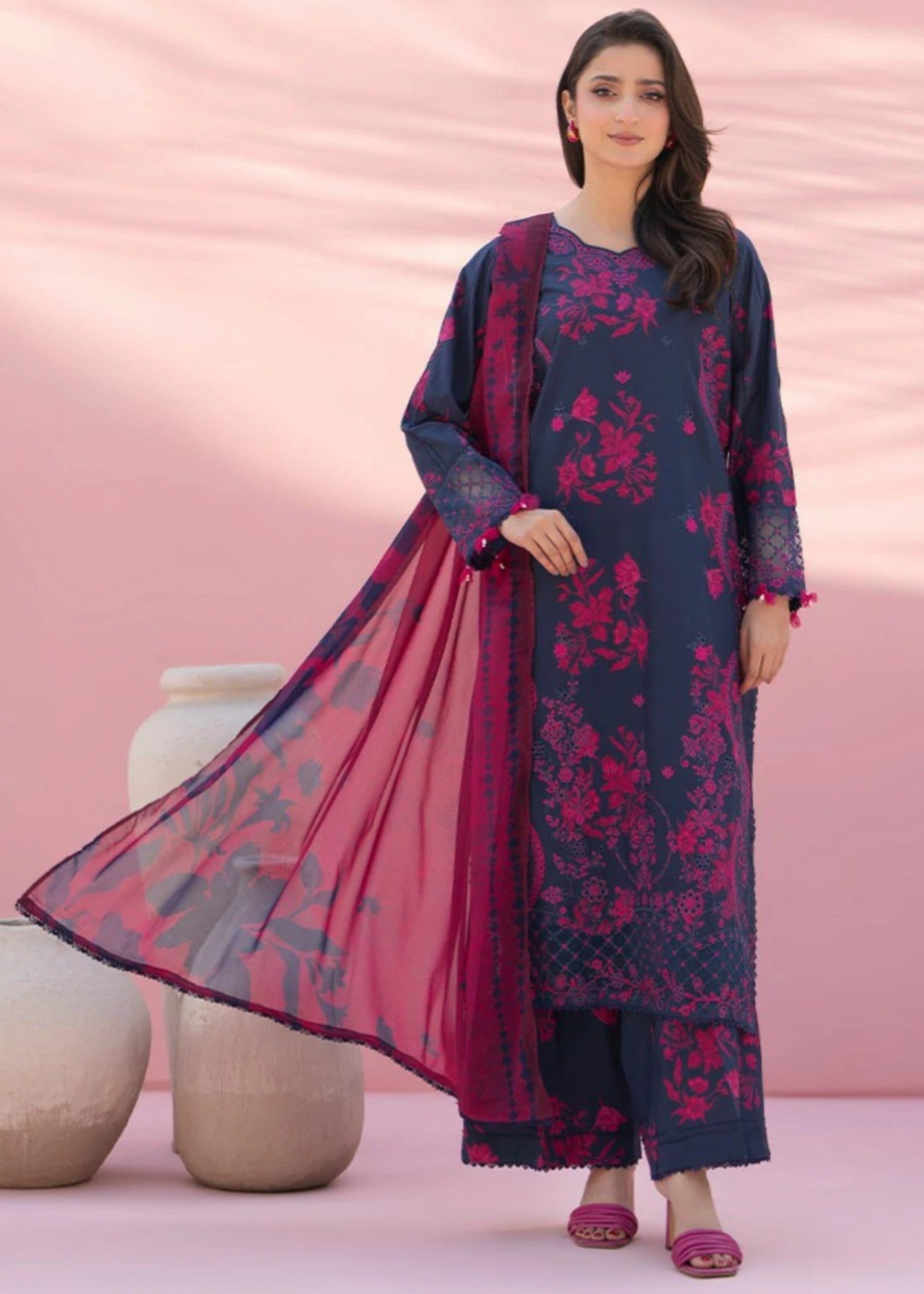 cambric Kurta Set in Purple heart