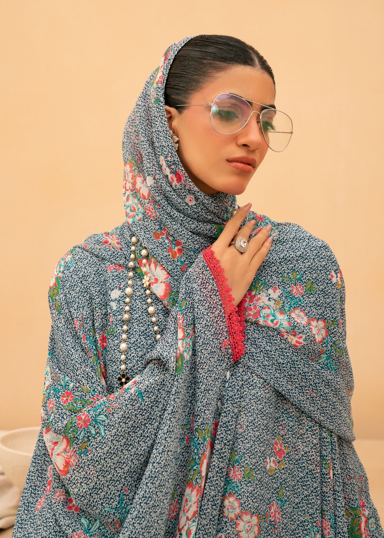 chiffon Abaya in Light blue, salmon, multi