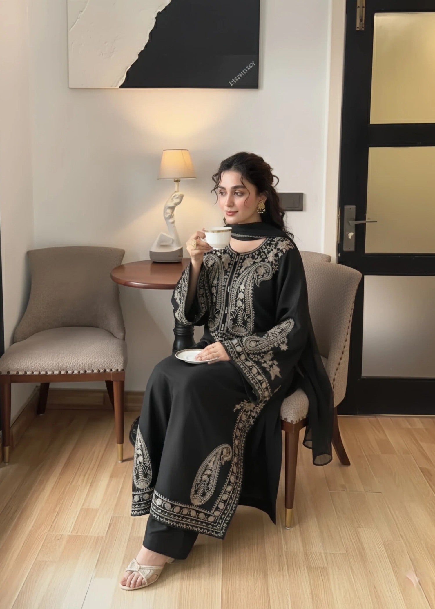 linen chambray Kurta Set in Black