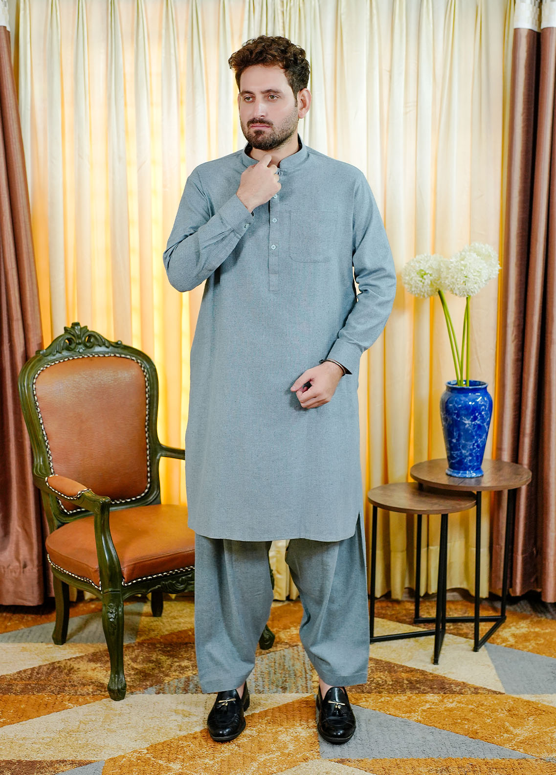 blended wool Shalwar Kameez in Frost blue
