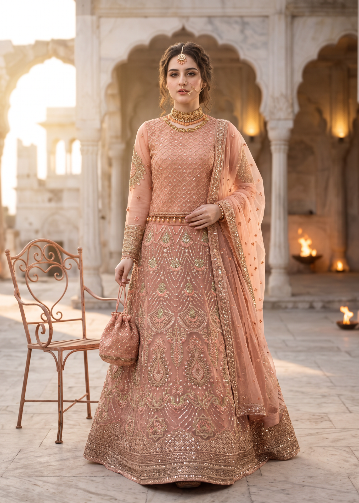 net Lehenga in Peach pink
