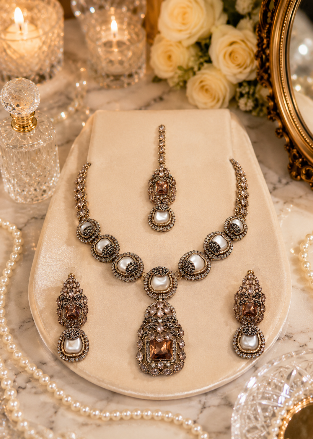 Jewelry Set in Pearl white, champagne Color by - Trendy Women Jewelry Set GFB5852
