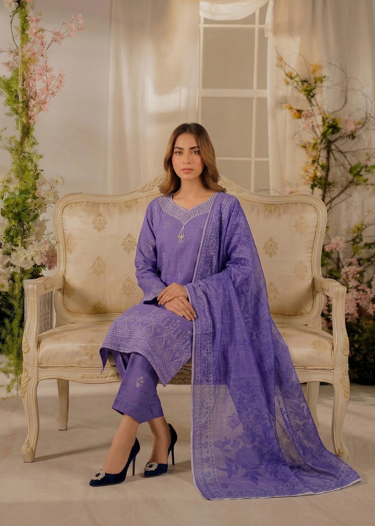 cambric cotton Kurta Set in Violet