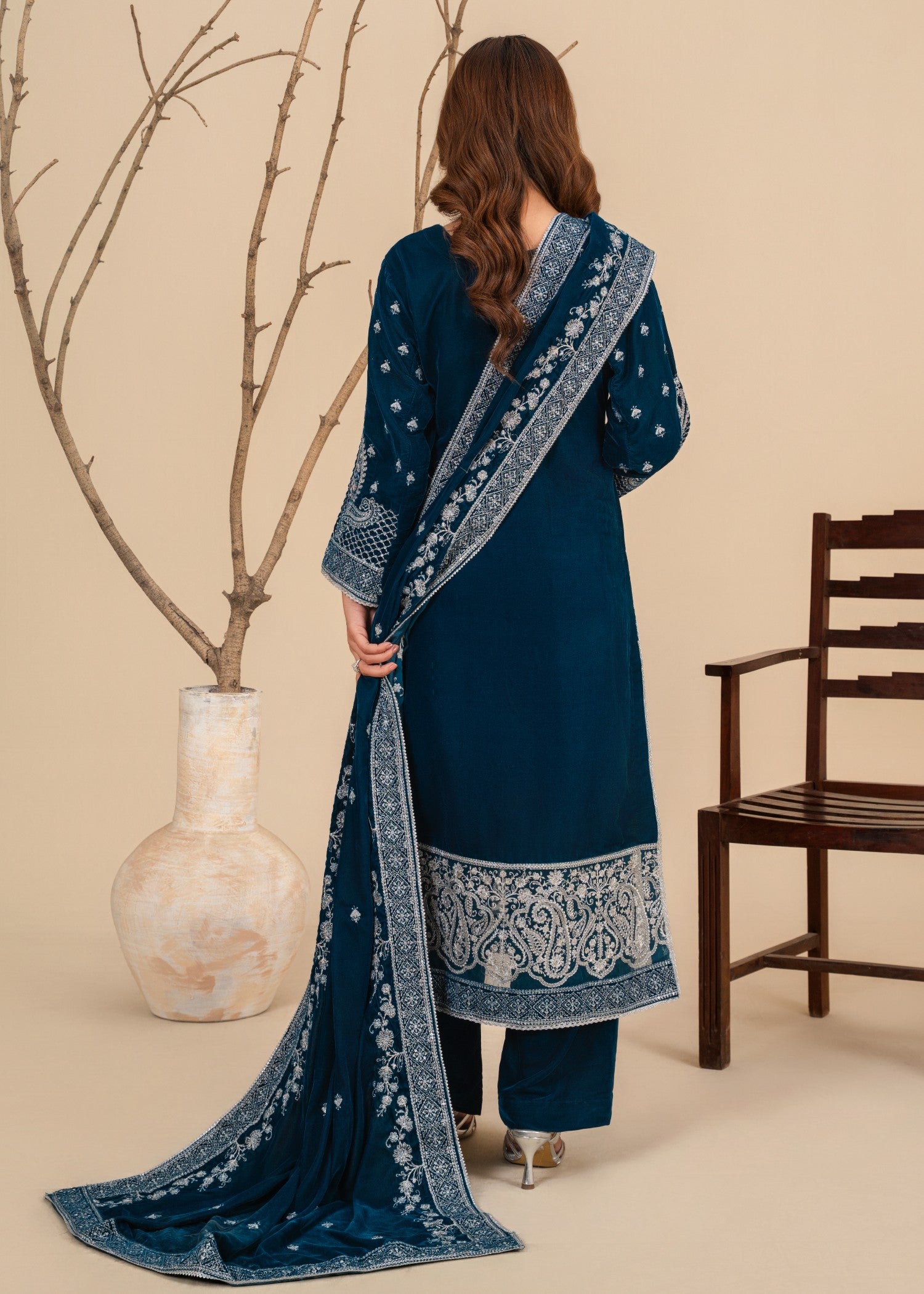 velvet Kurta Set in Yale blue