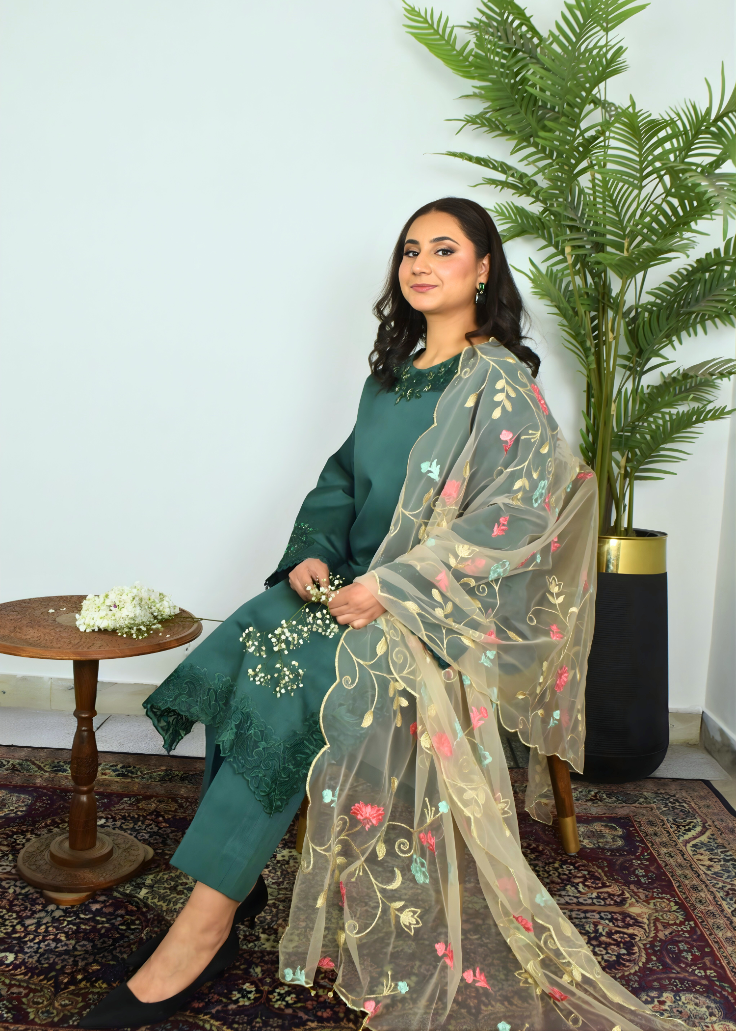 silk Kurta Set in Emerald green