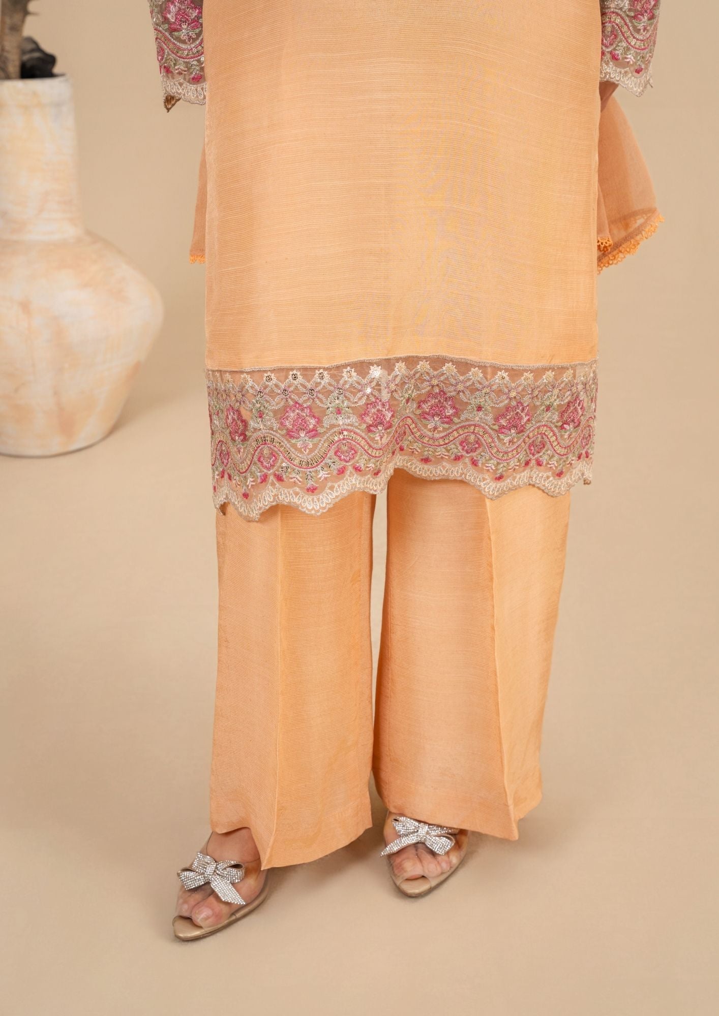viscose raw silk Kurta Set in Peach orange