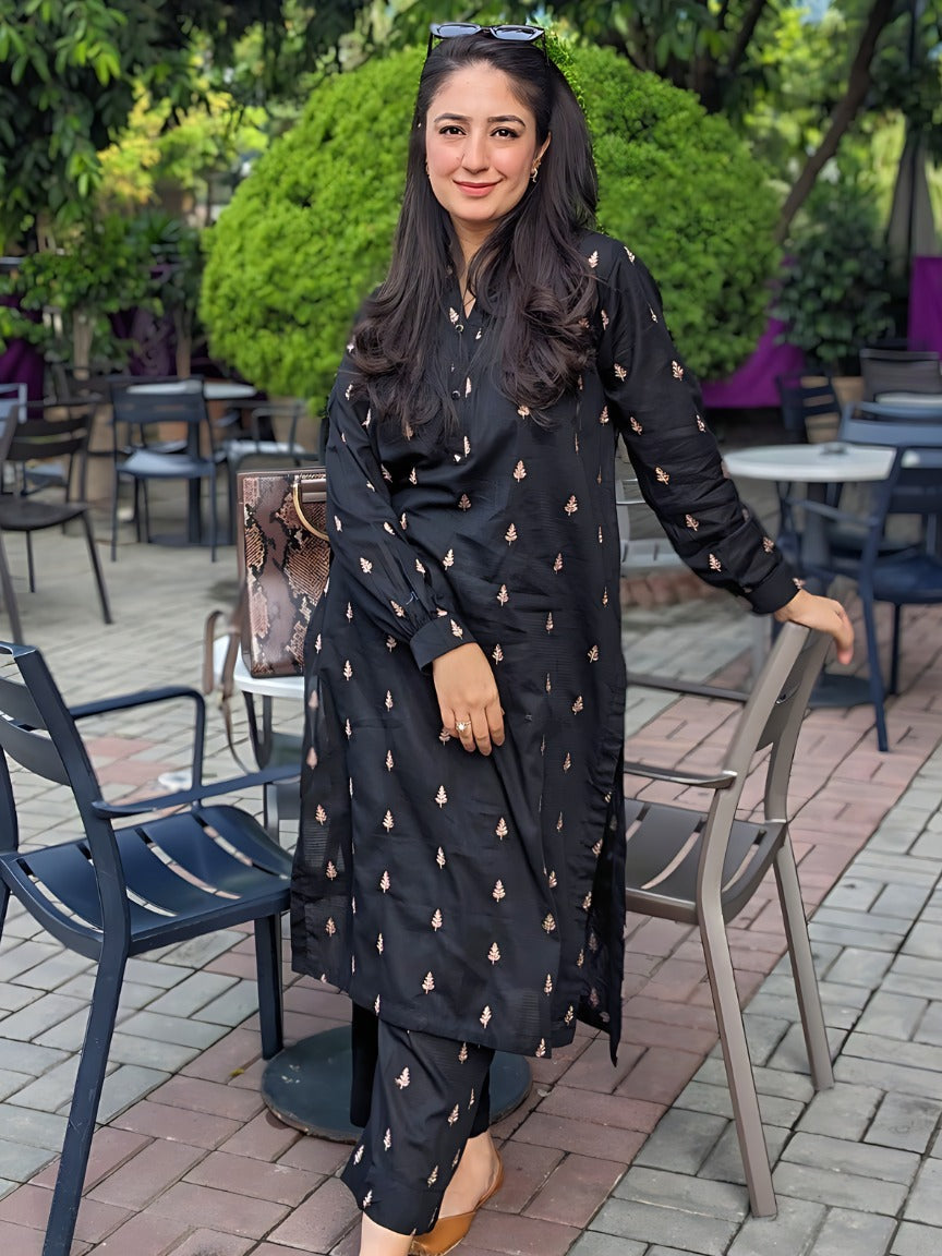 ribbed lawn Kurta Set in Black