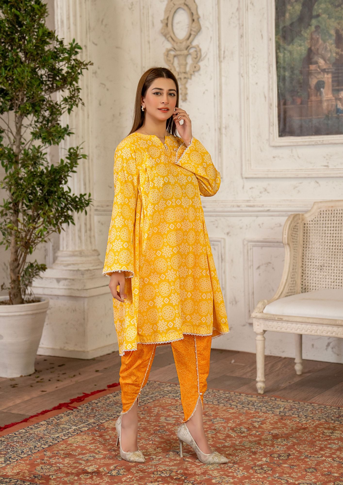 lawn Short Frock in Yellow-orange, yellow