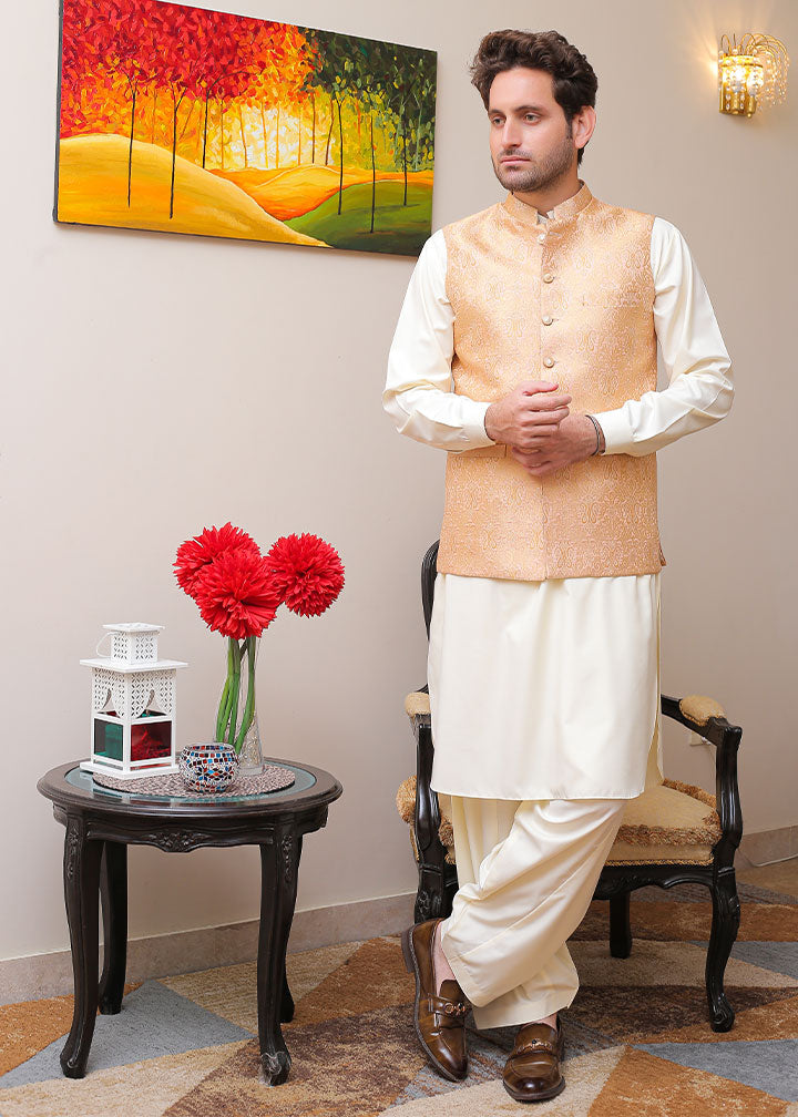 banarsi silk Waistcoat in Peach pink