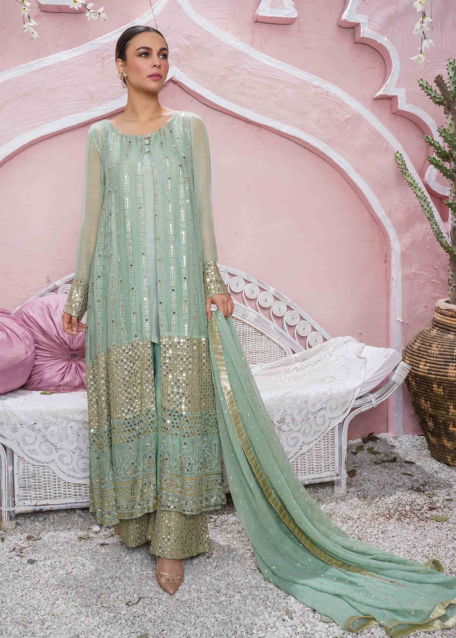 chikankari cotton Gown in Mint green