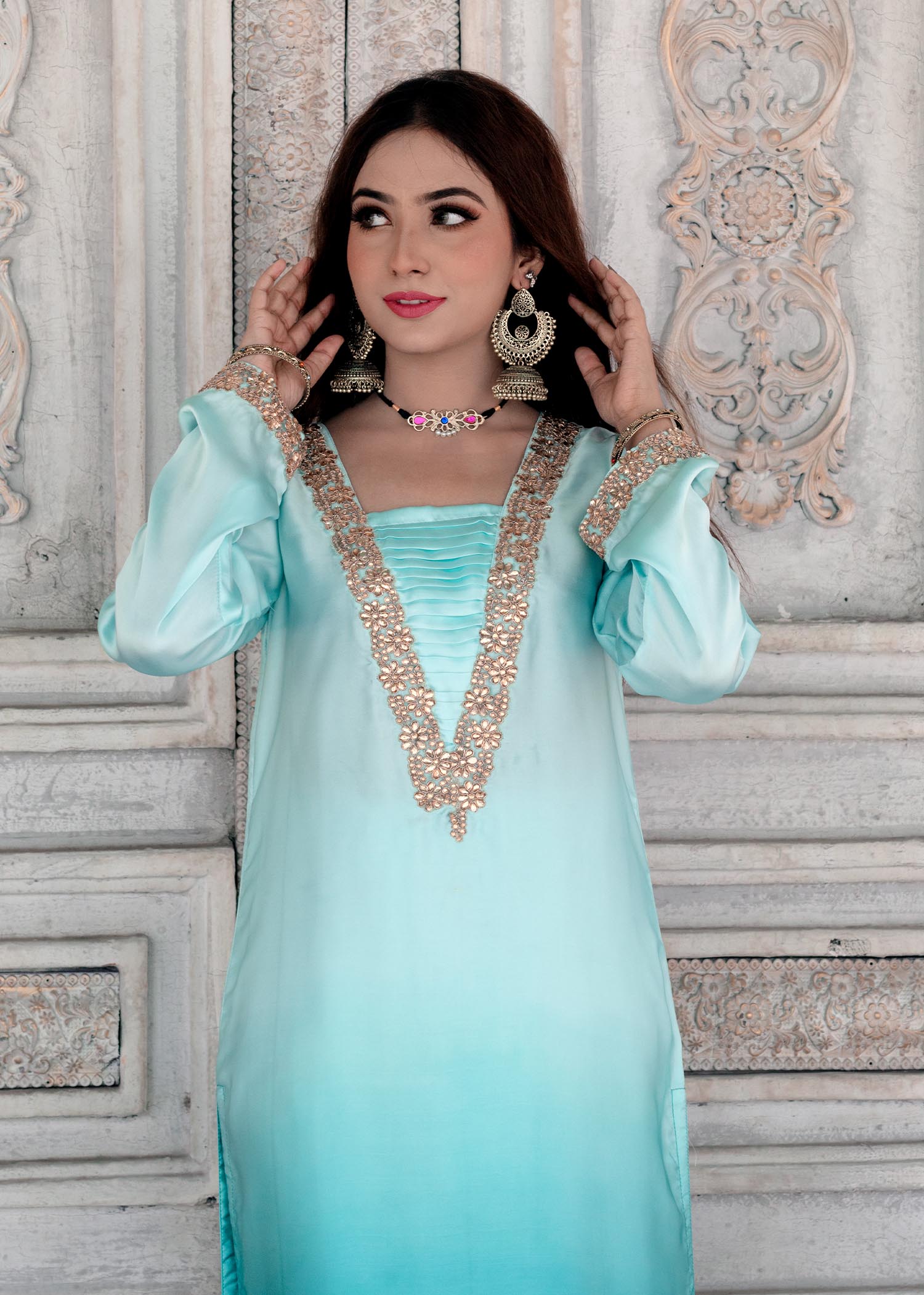 poly viscose Kurta Set in Aquamarine