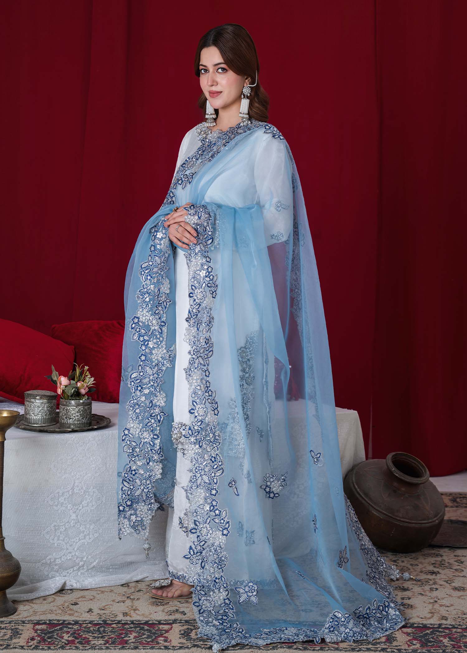 tissue silk Kurta Set in White, sky blue