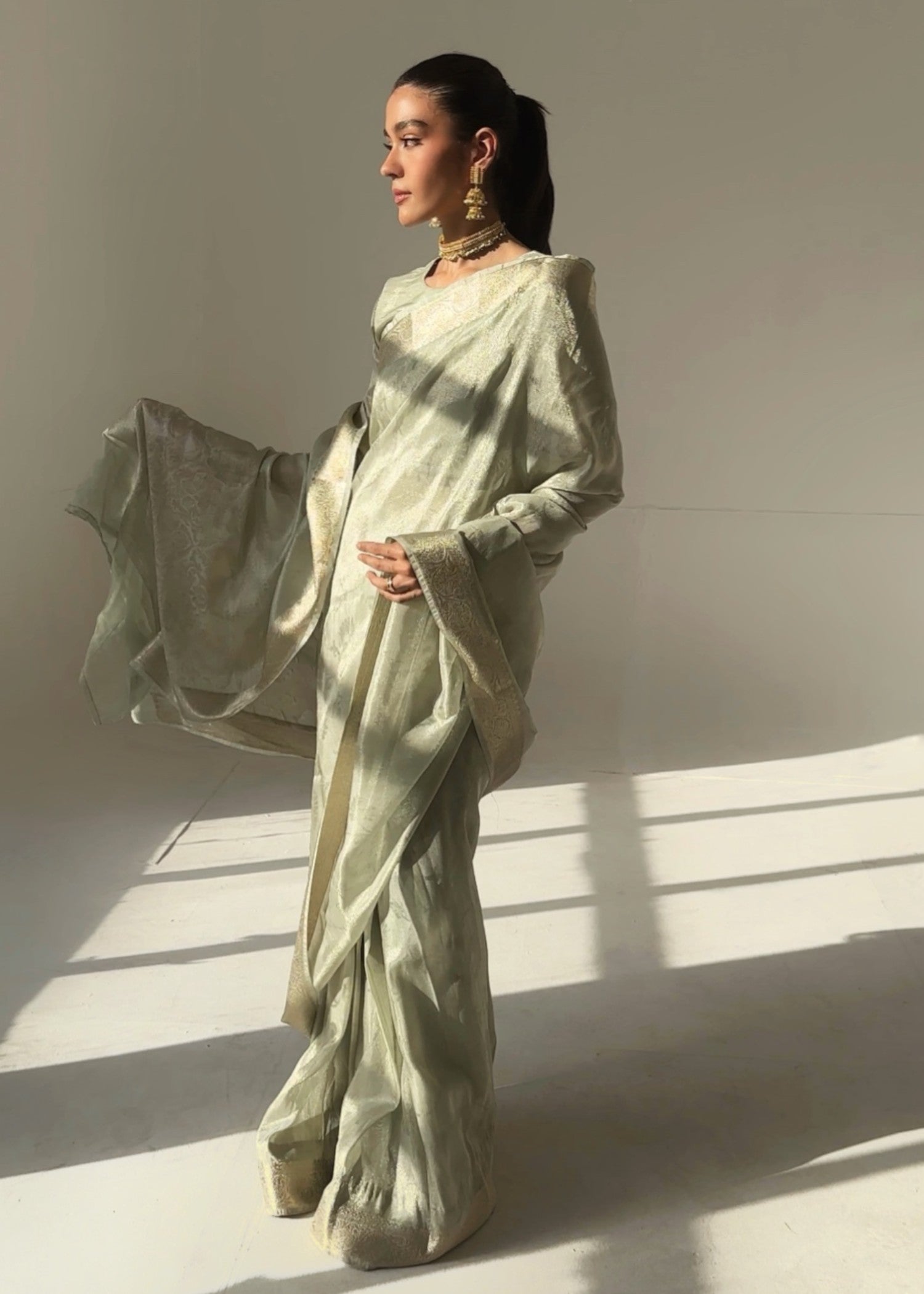 tissue silk Saree in Sage green