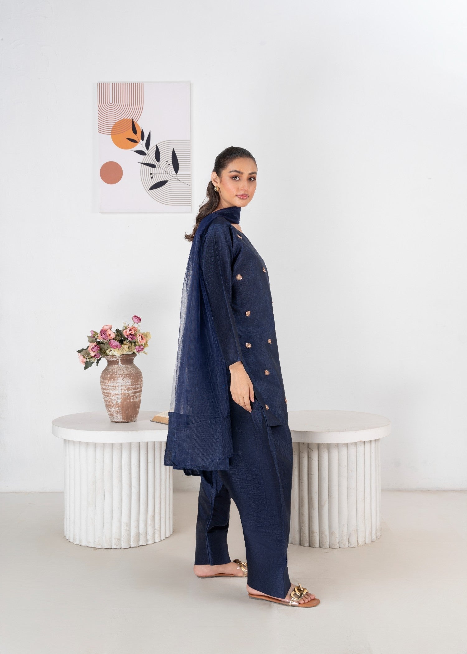 indian raw silk Kurta Set in Navy blue