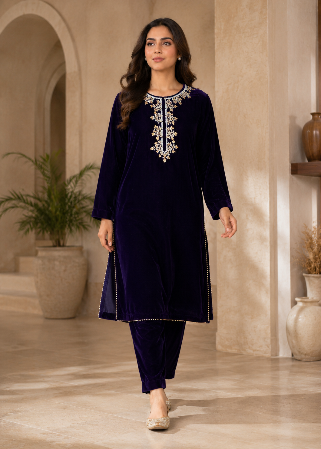 chinese micro velvet 9000 Kurta Set in Purple