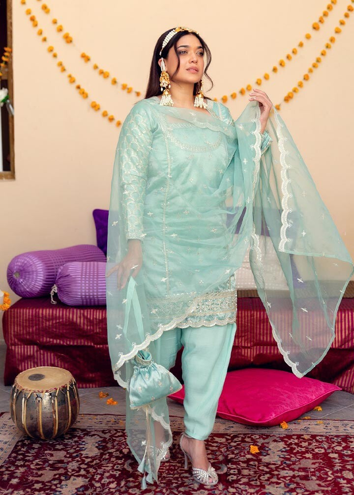 tissue Kurta Set in Light blue