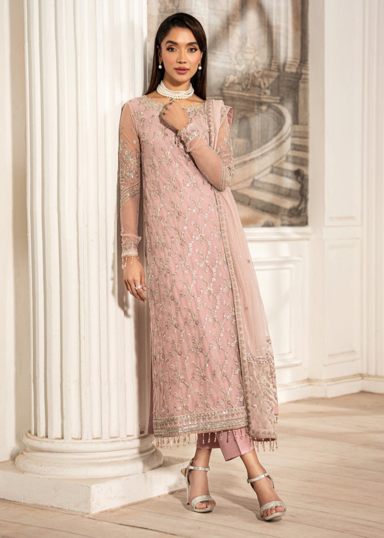 net Kurta Set in Pink