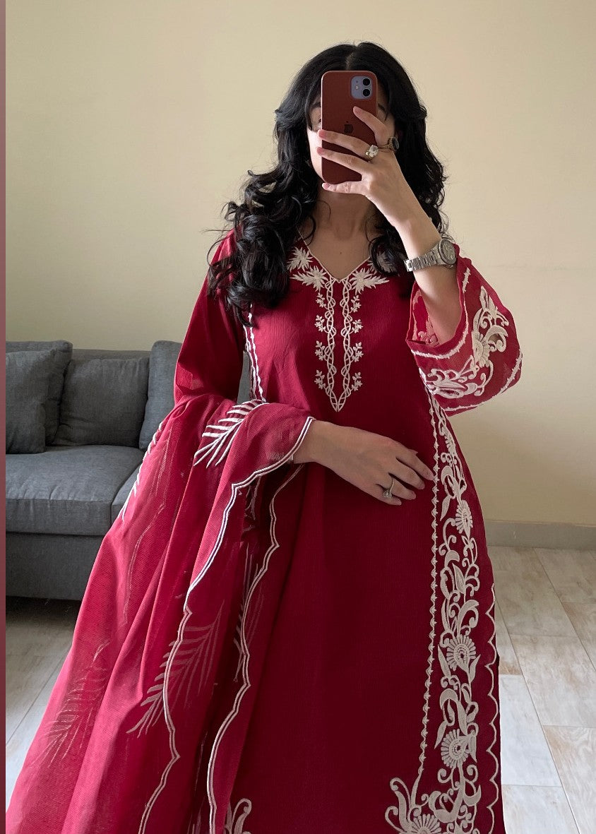 cotton karandi Kurta Set in Maroon