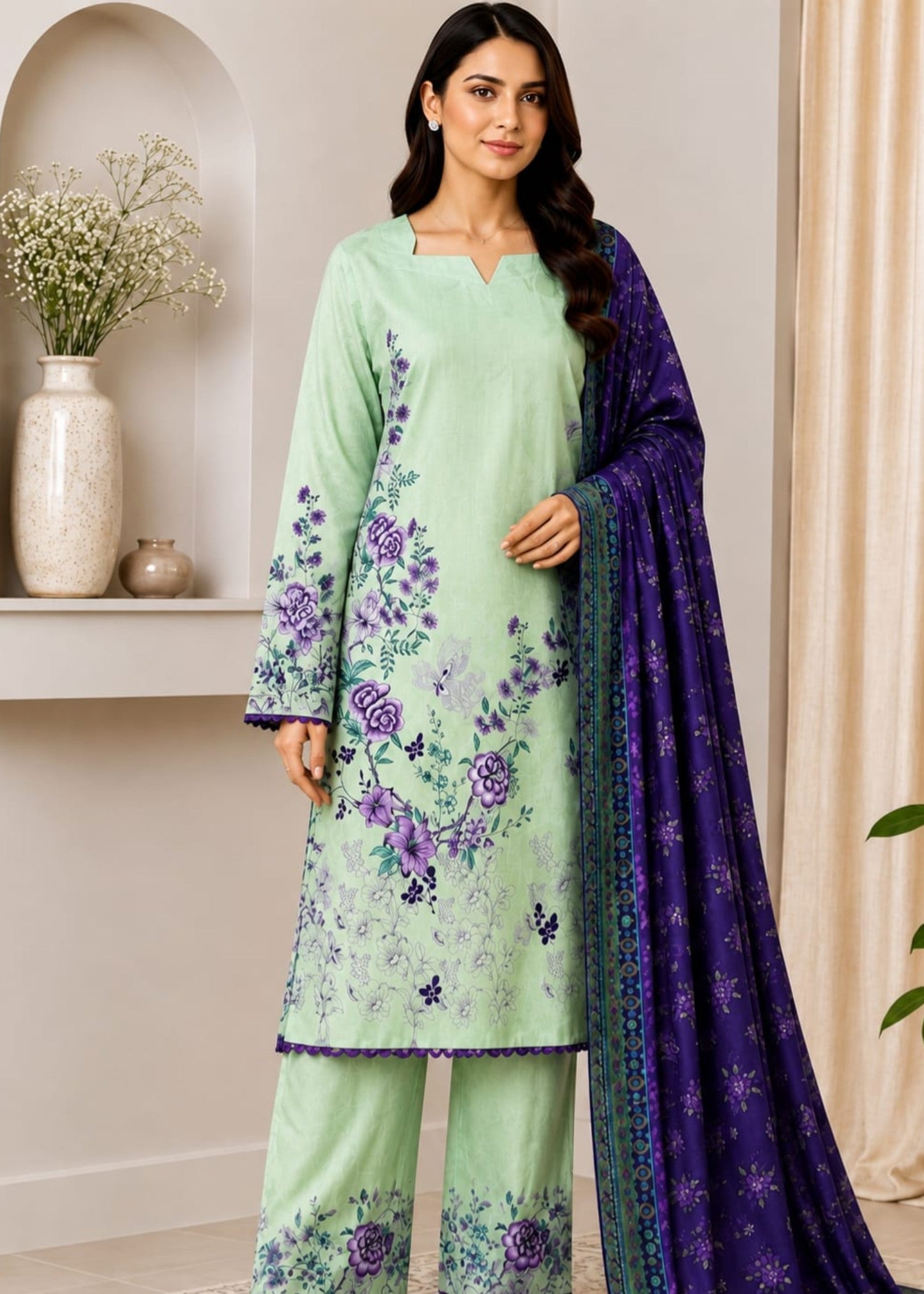 lawn Kurta Set in Purple heart, mint green