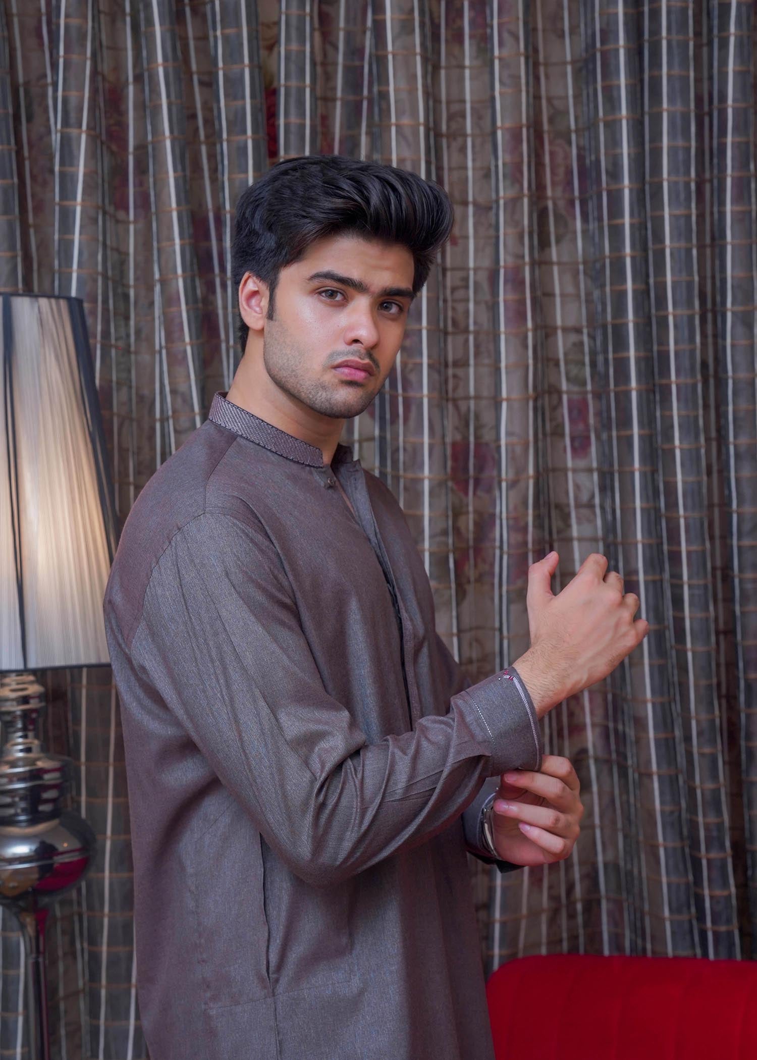 textured wash & wear Shalwar Kameez in Grey by Real Image Clothing