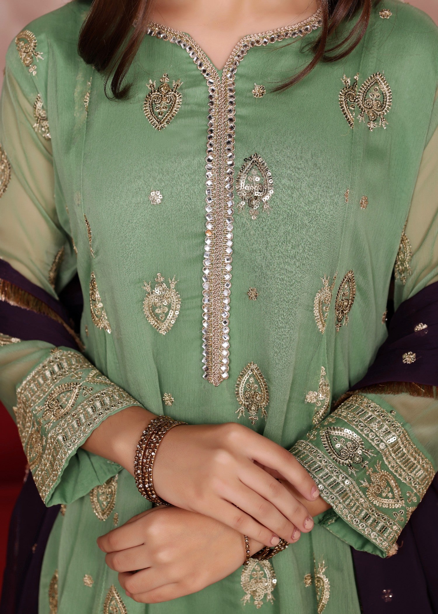 chiffon Pishwas in Pastel green