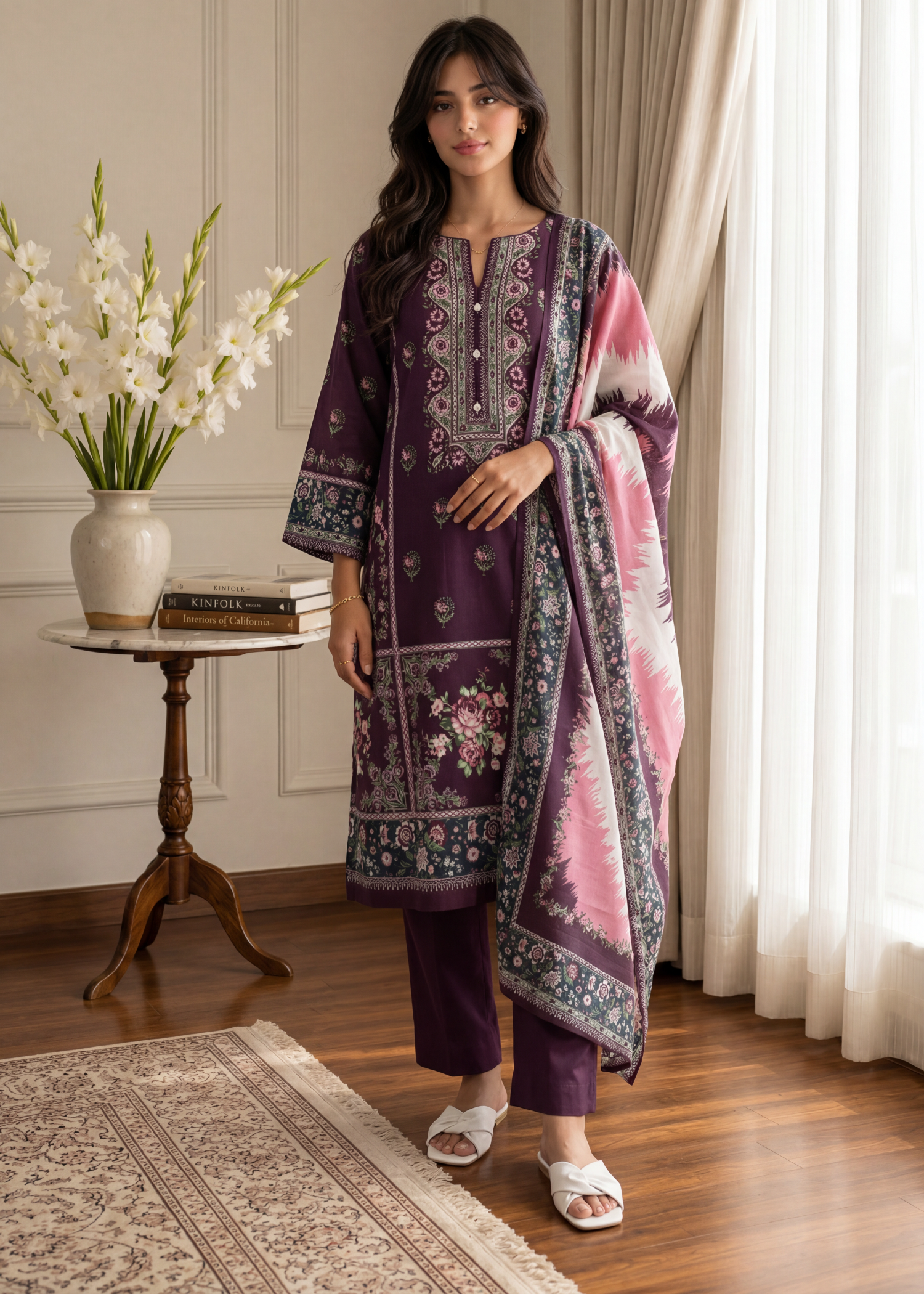 cross hetch Kurta Set in Purple