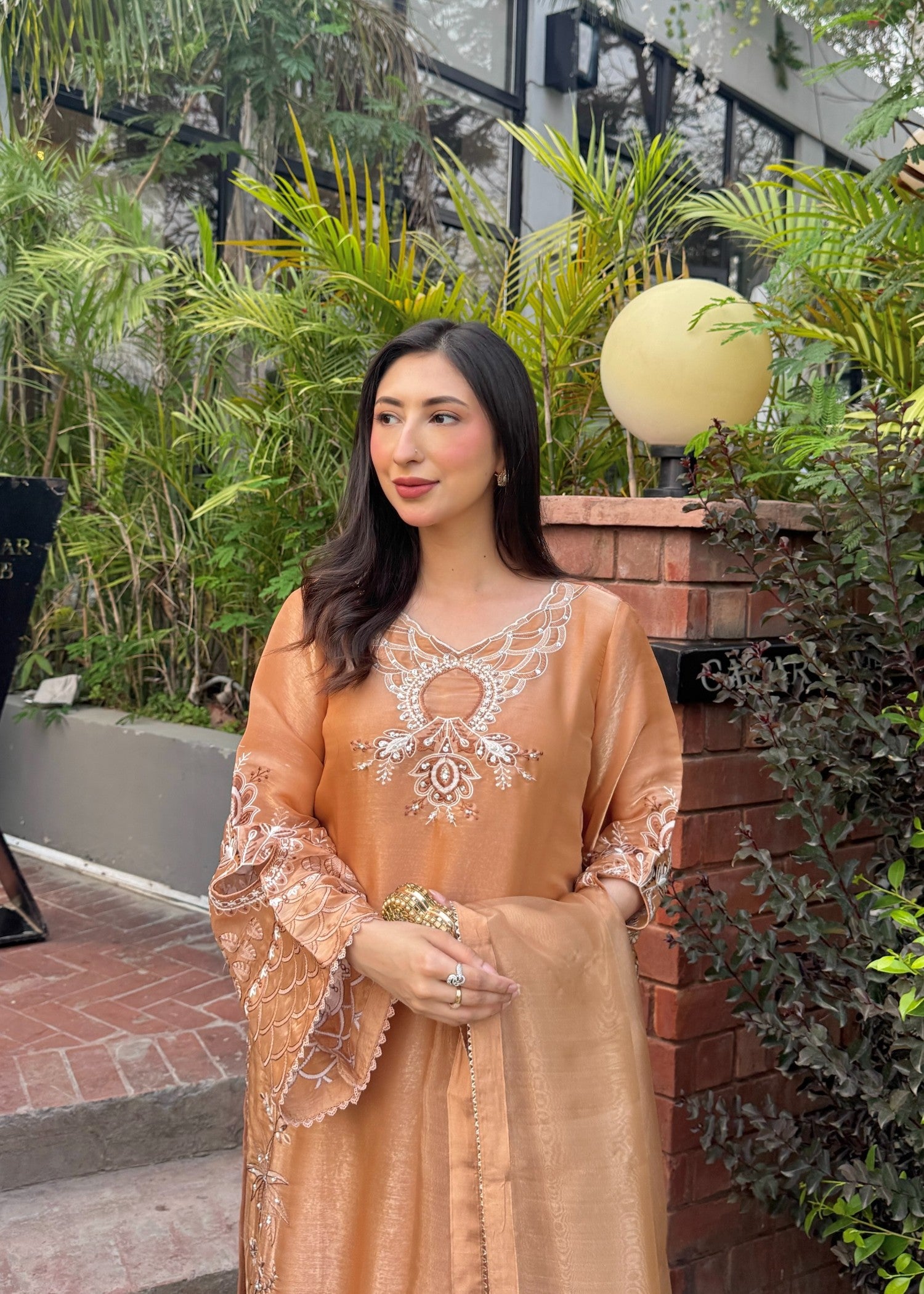 tissue silk Kurta Set in Tan brown