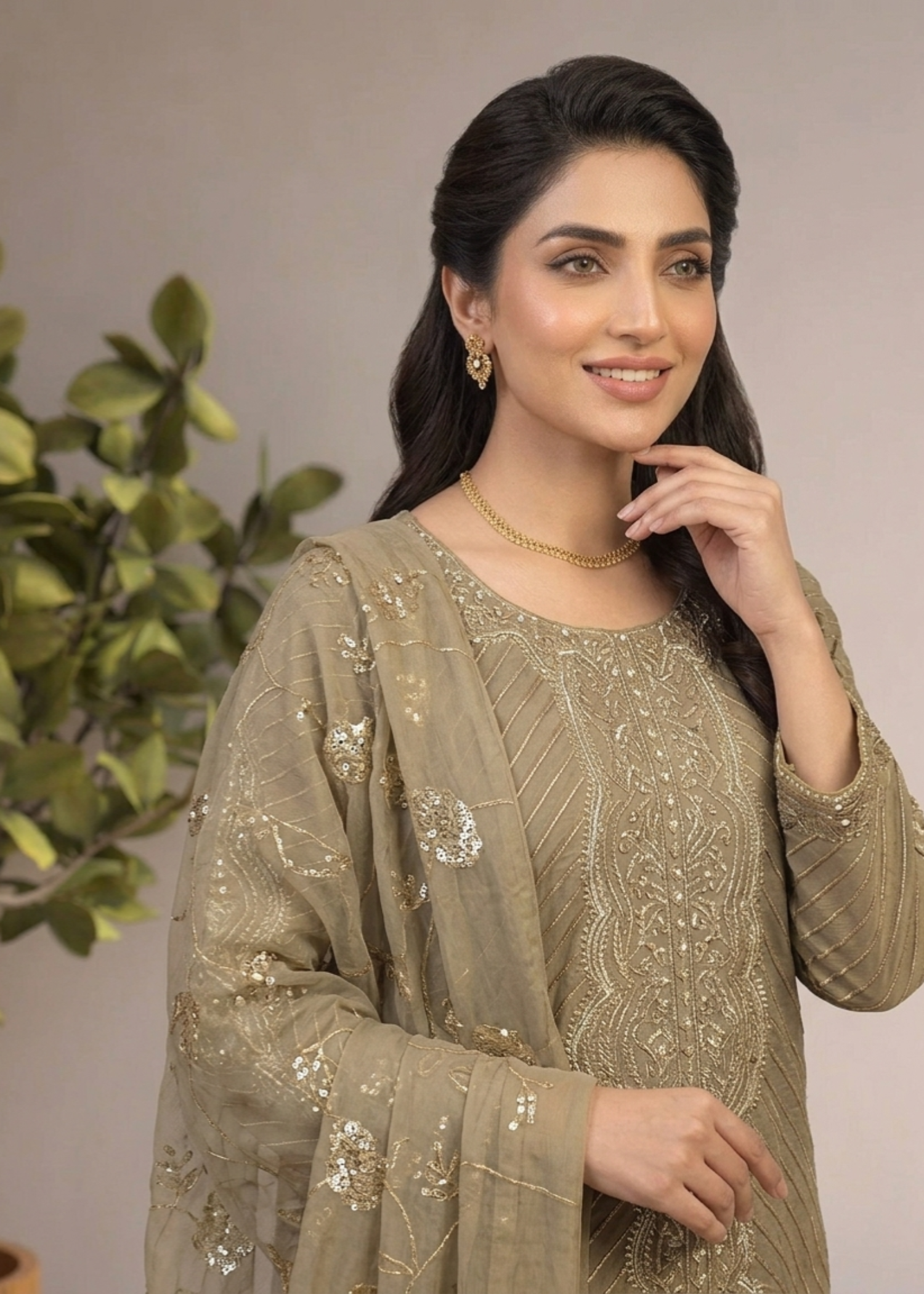 organza Kurta Set in Khaki brown