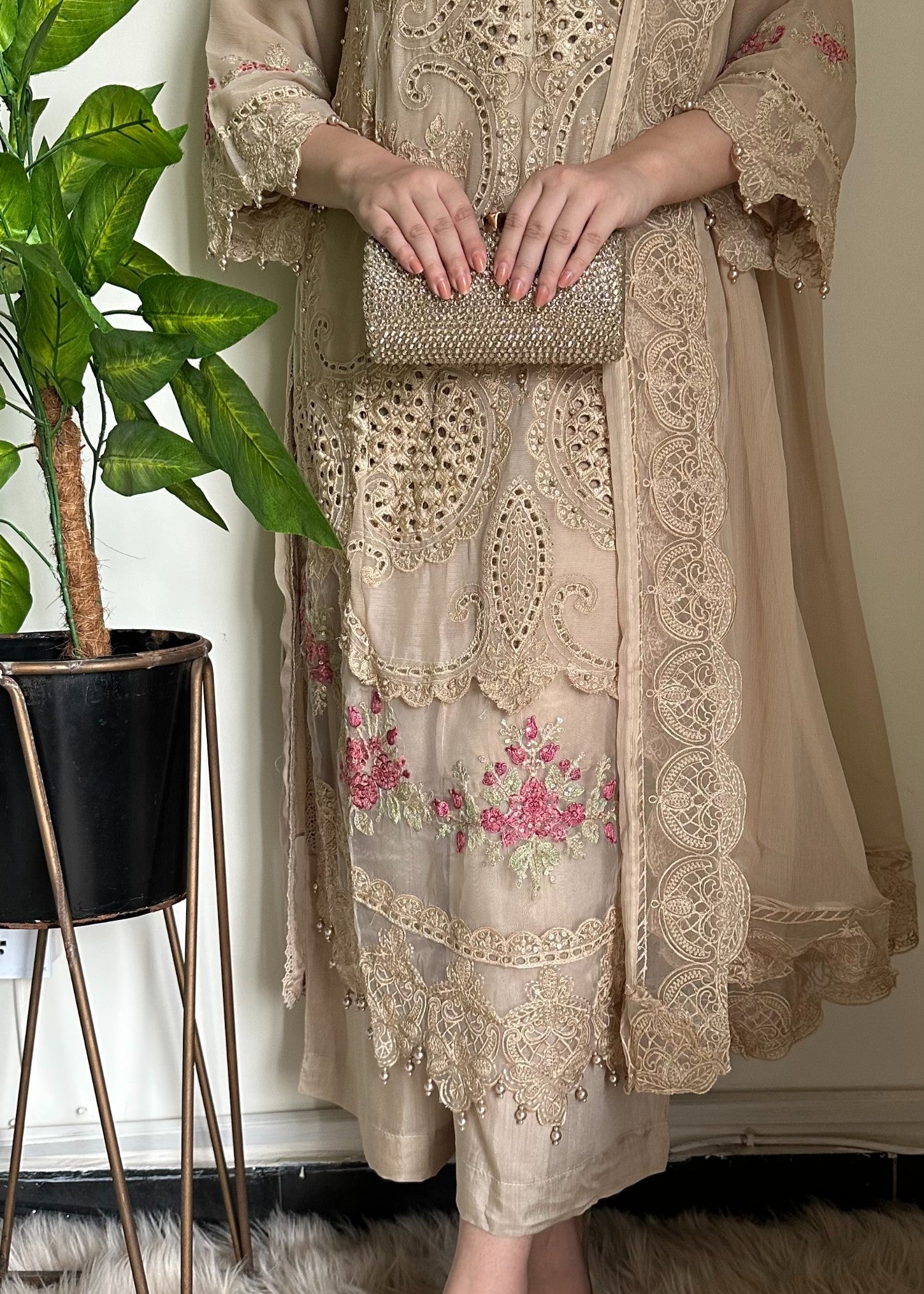 chiffon Kurta Set in Tan brown