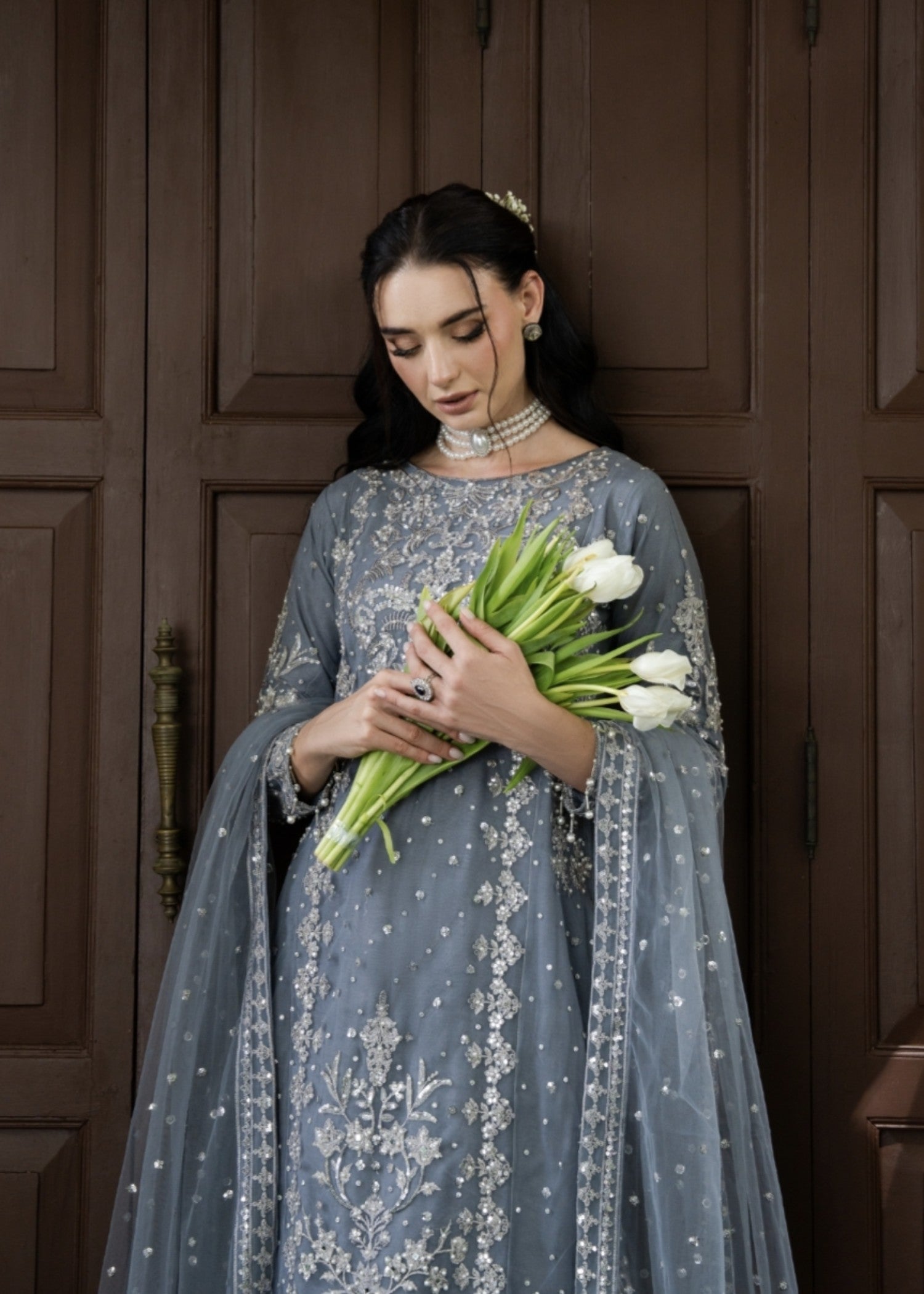 net Lehenga in Slate grey