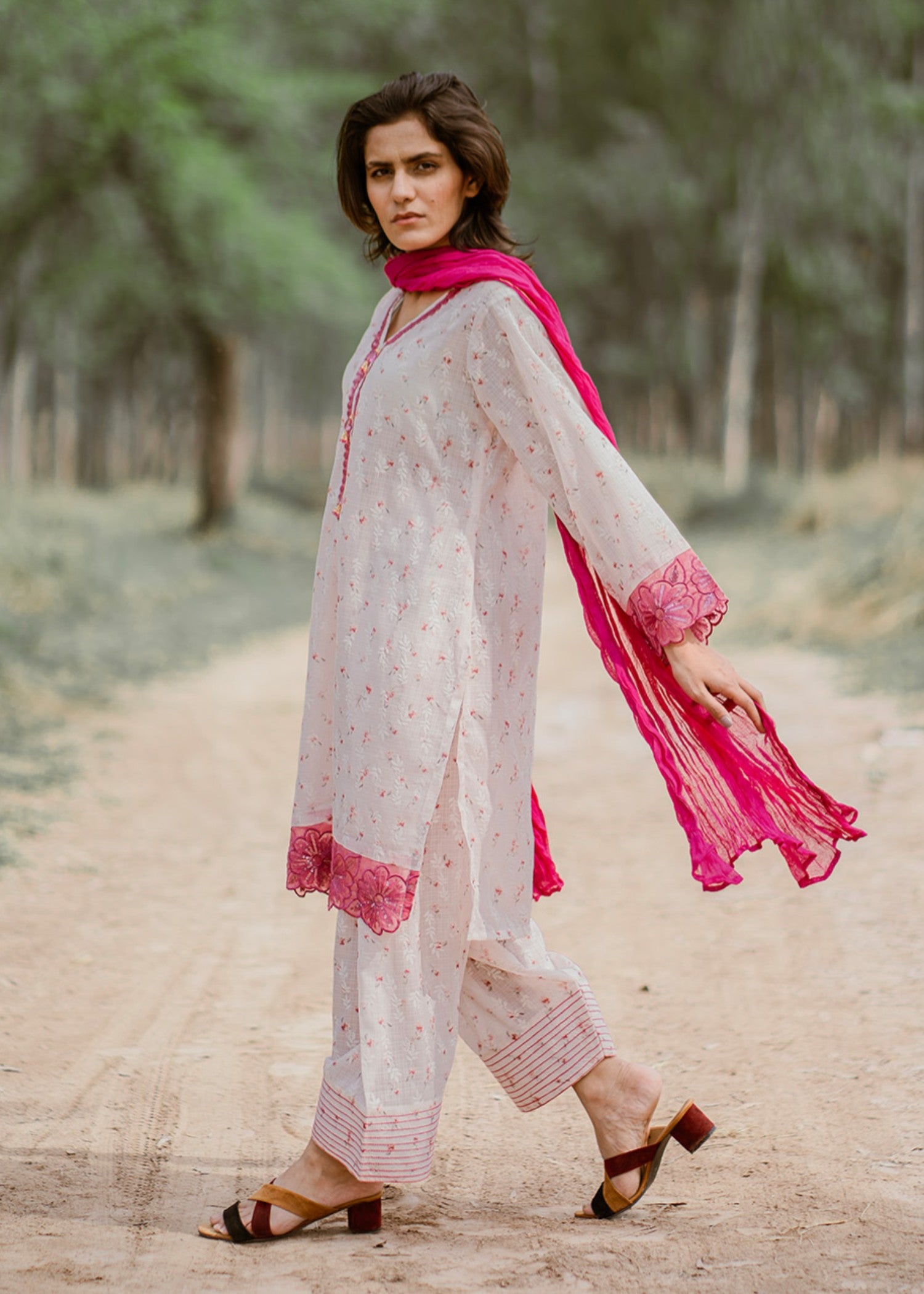 swiss lawn Co Ord Sets in White, tea rose pink