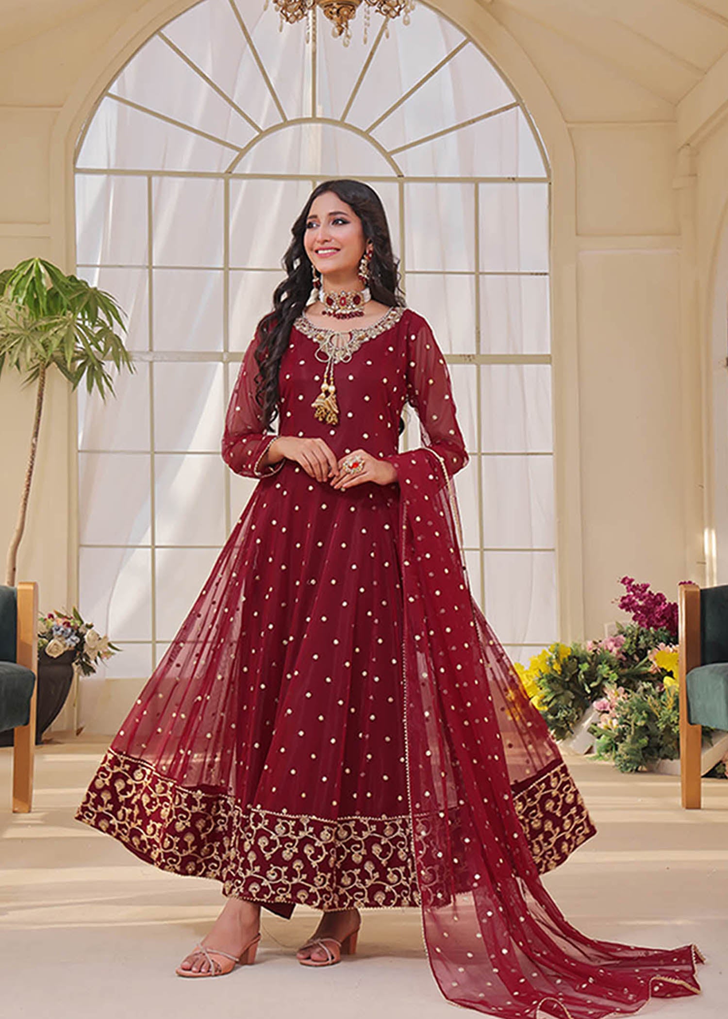 cotton net Anarkali in Maroon