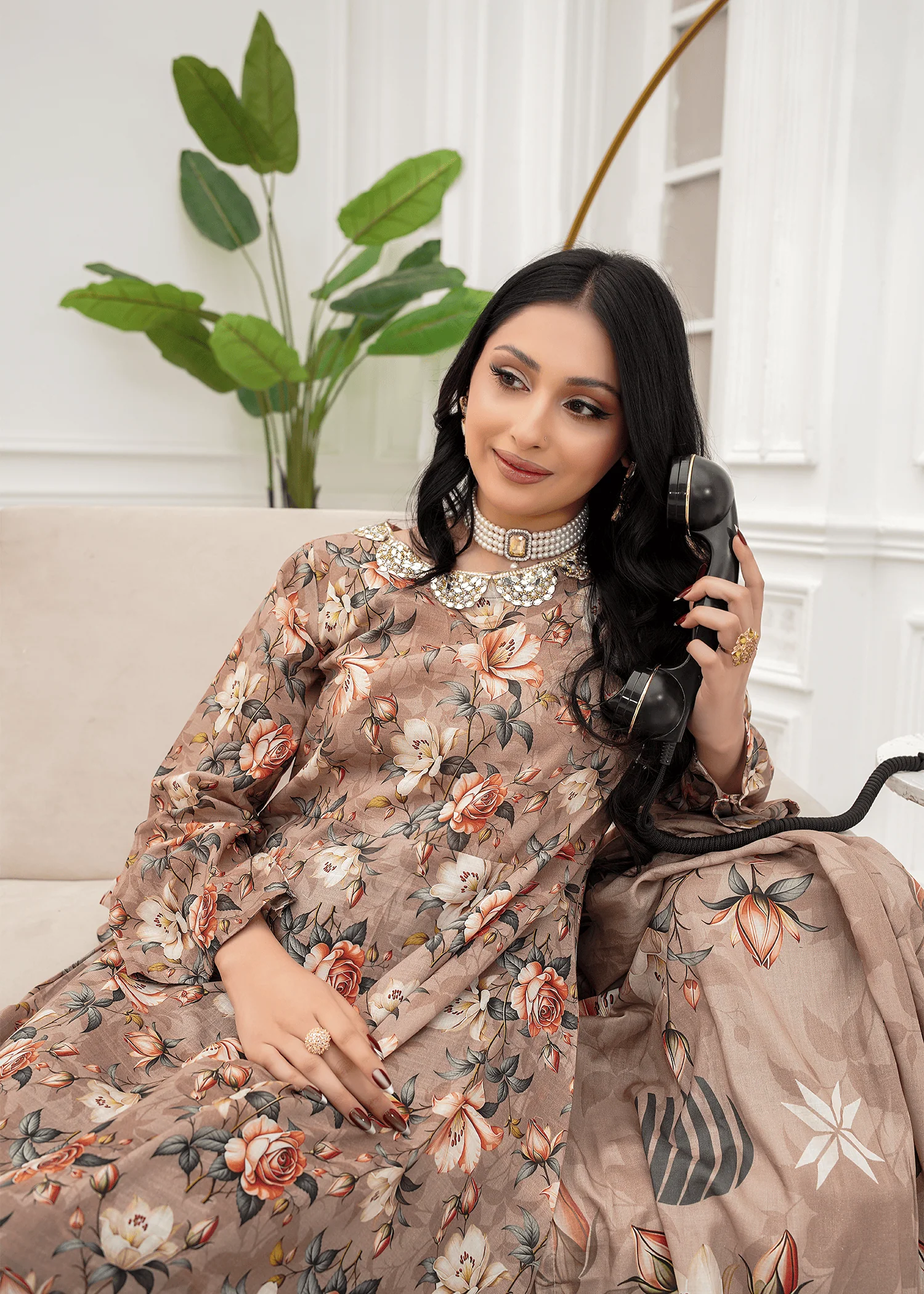 lawn Pishwas in Dark brown