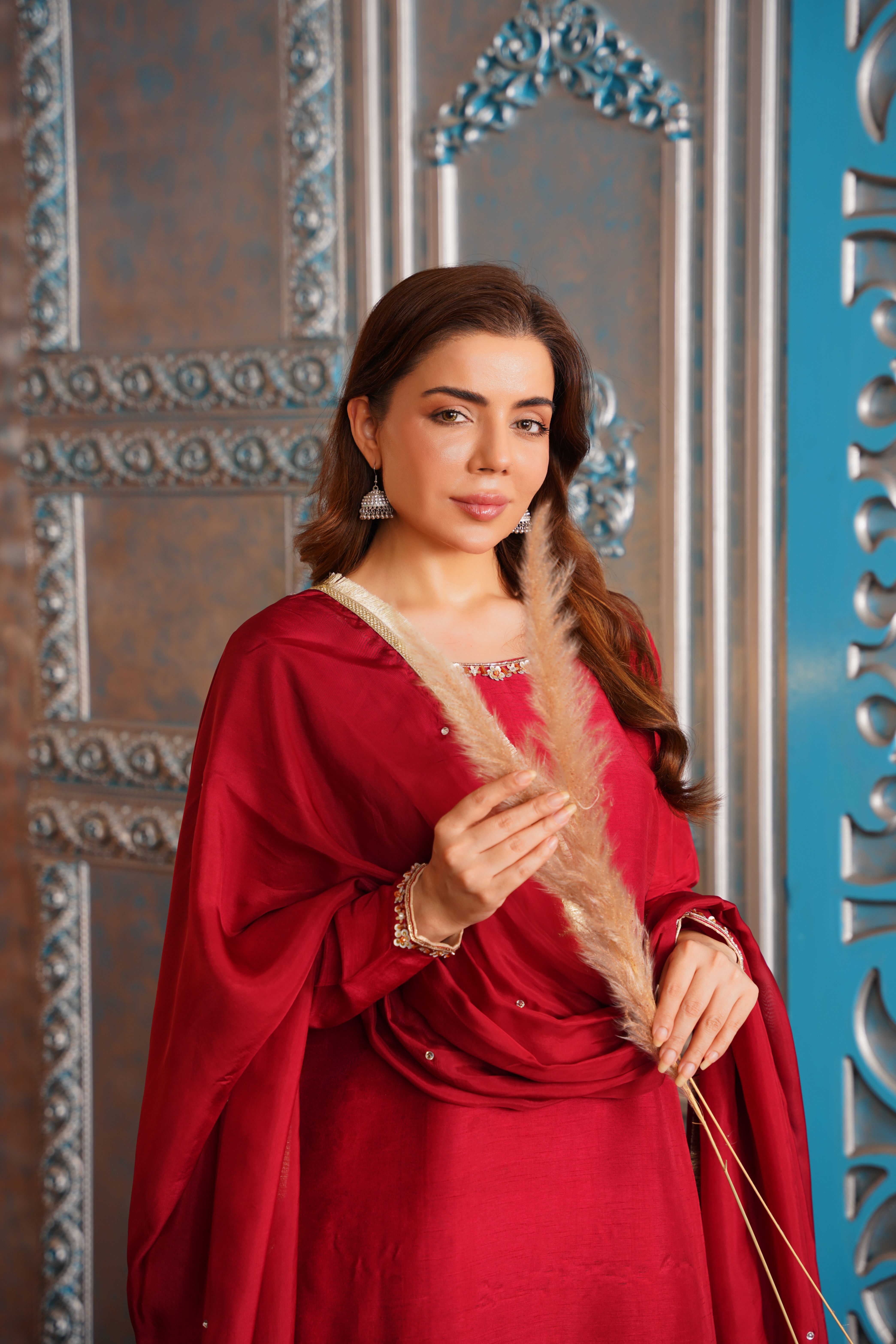 korean raw silk Kurta Set in Fire red