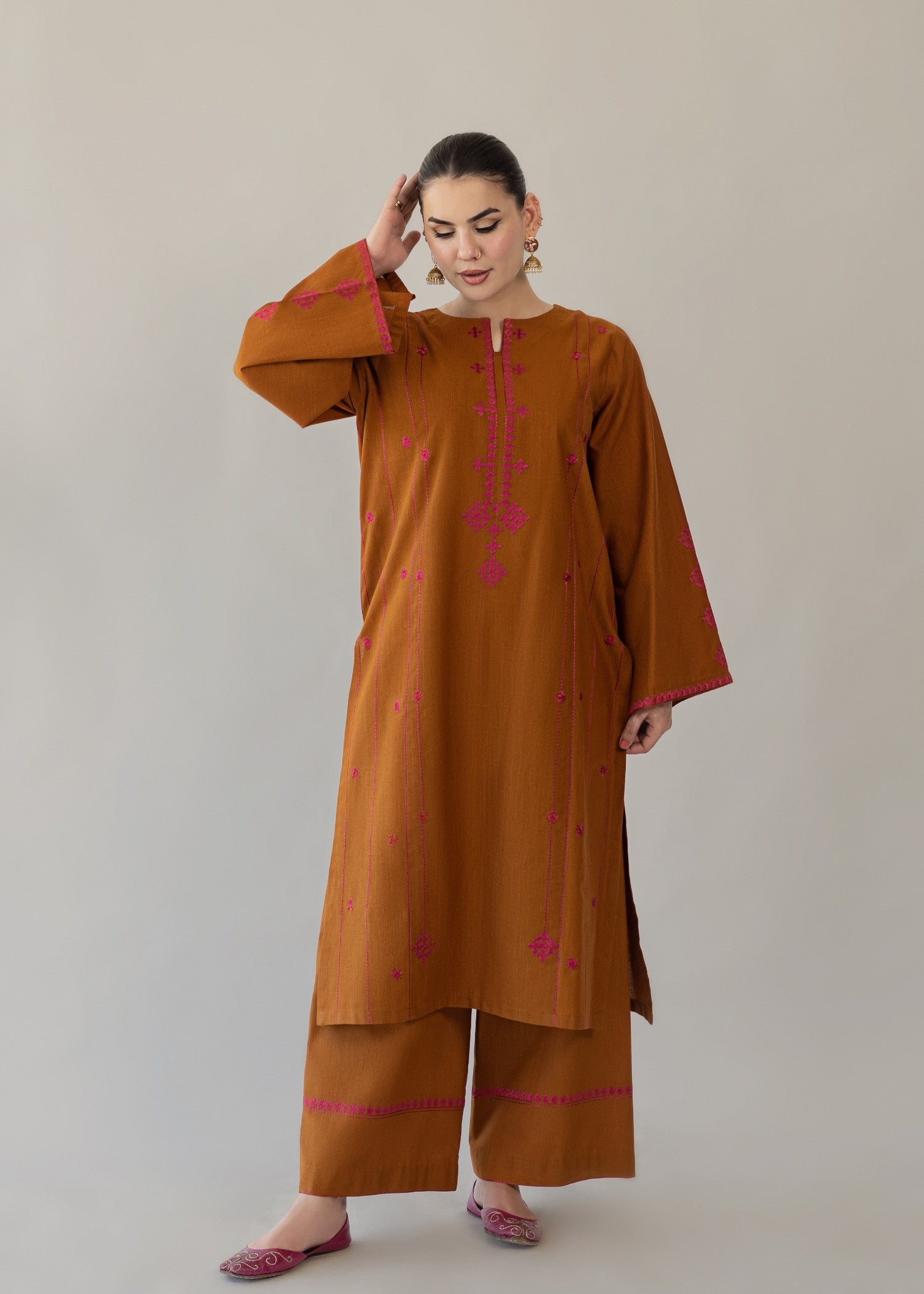 slub khaddar Kurta Set in Brown