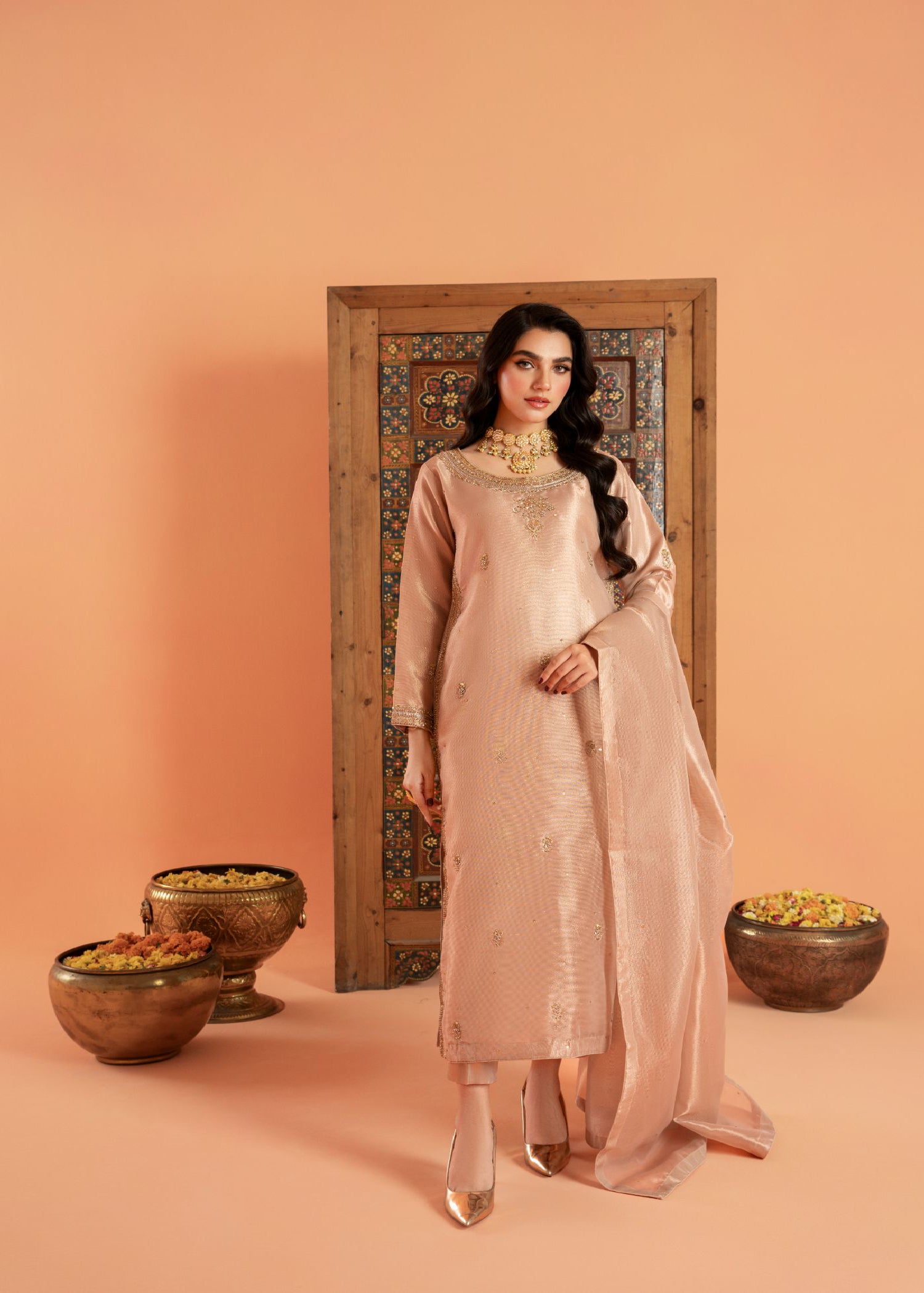 tissue Kurta Set in Pastel pink